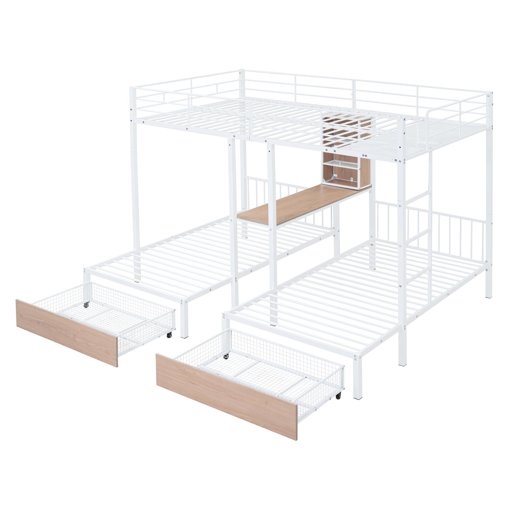 Triple Bunk Bed With Drawers, Multi-Functional Frame With Desks And Shelves In The Middle