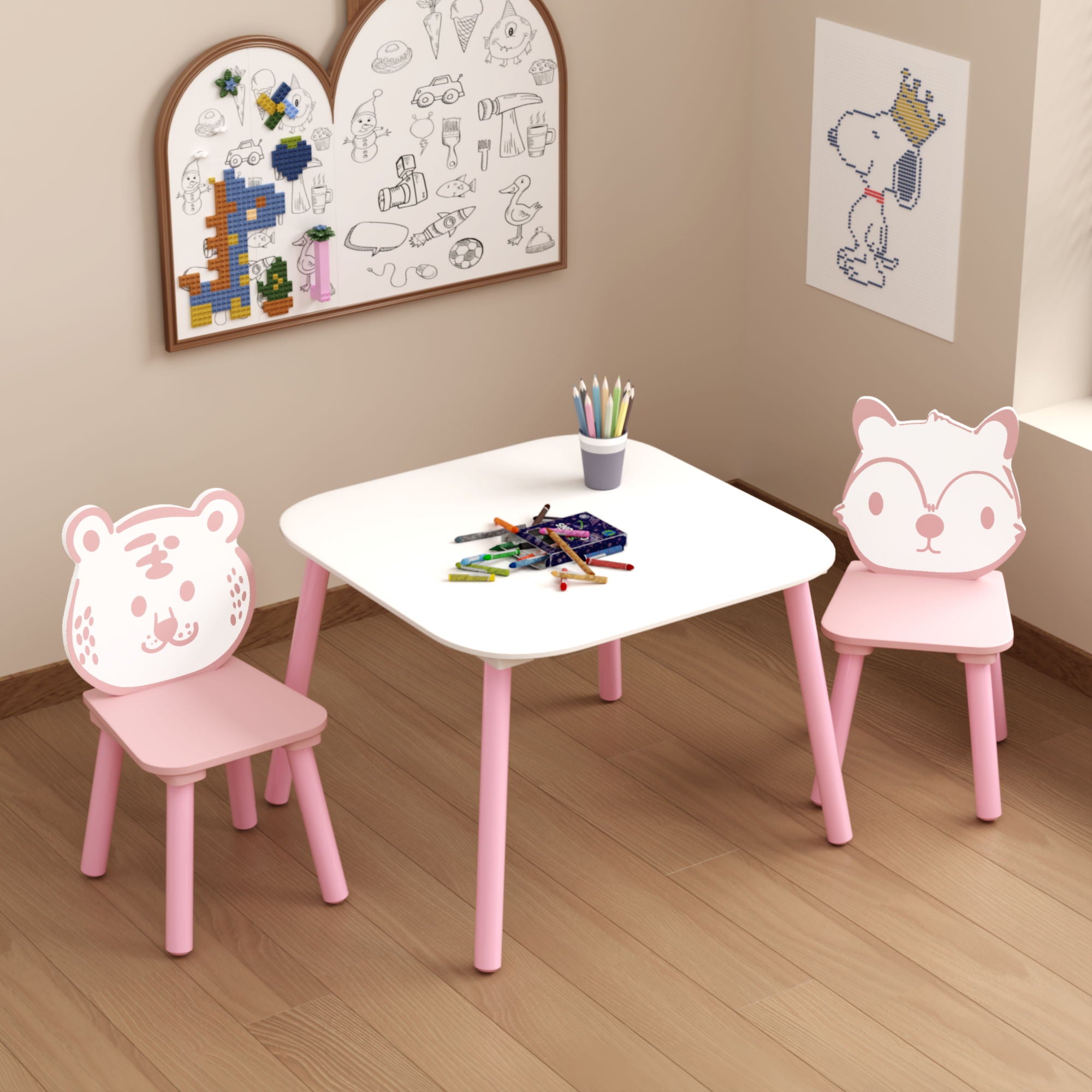 Table And Chair Set, 3 Piece Wooden Toddler Desk With Animal Backrest - Pink / White