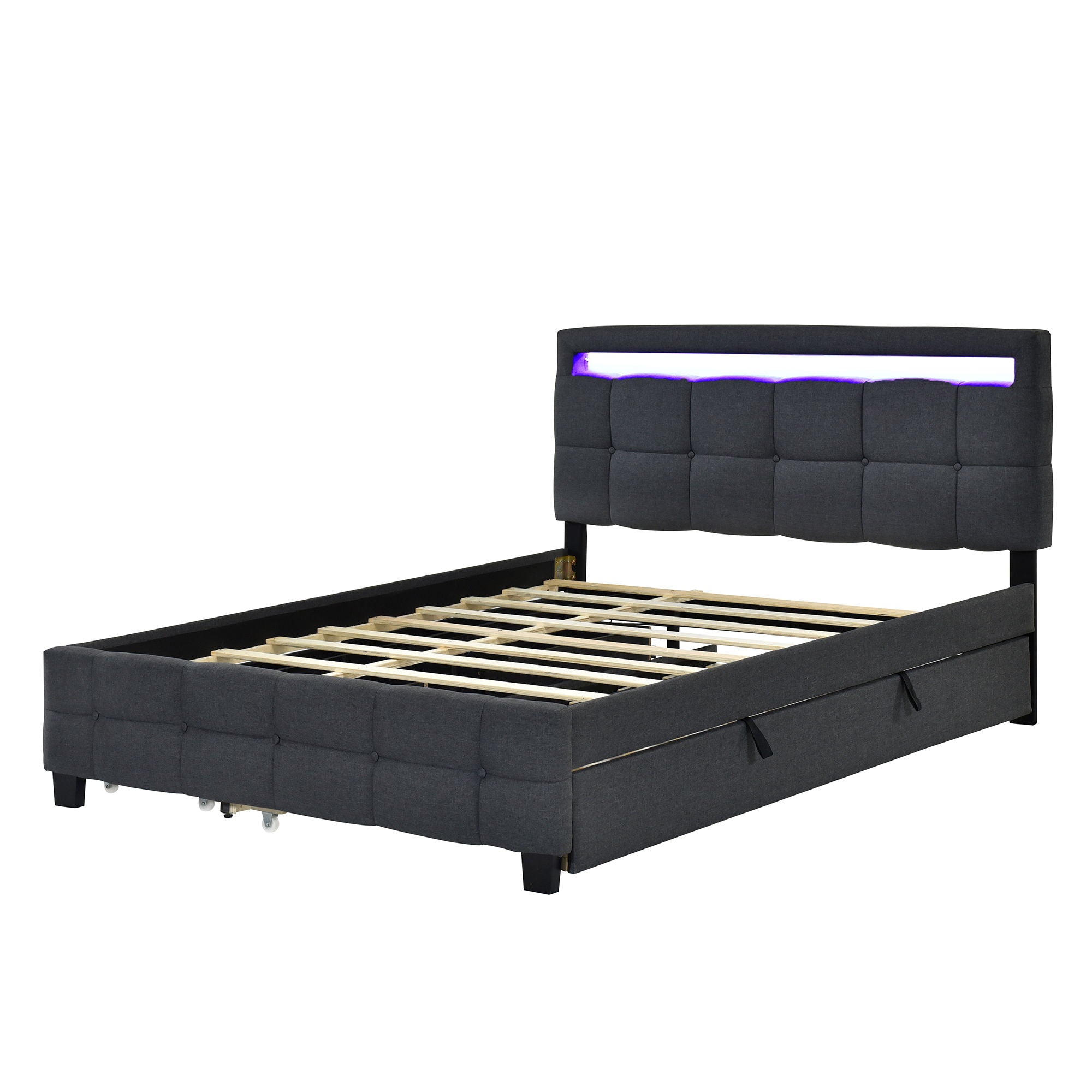 Upholstered Platform Bed With LED Frame, With Trundle And 2 Drawers