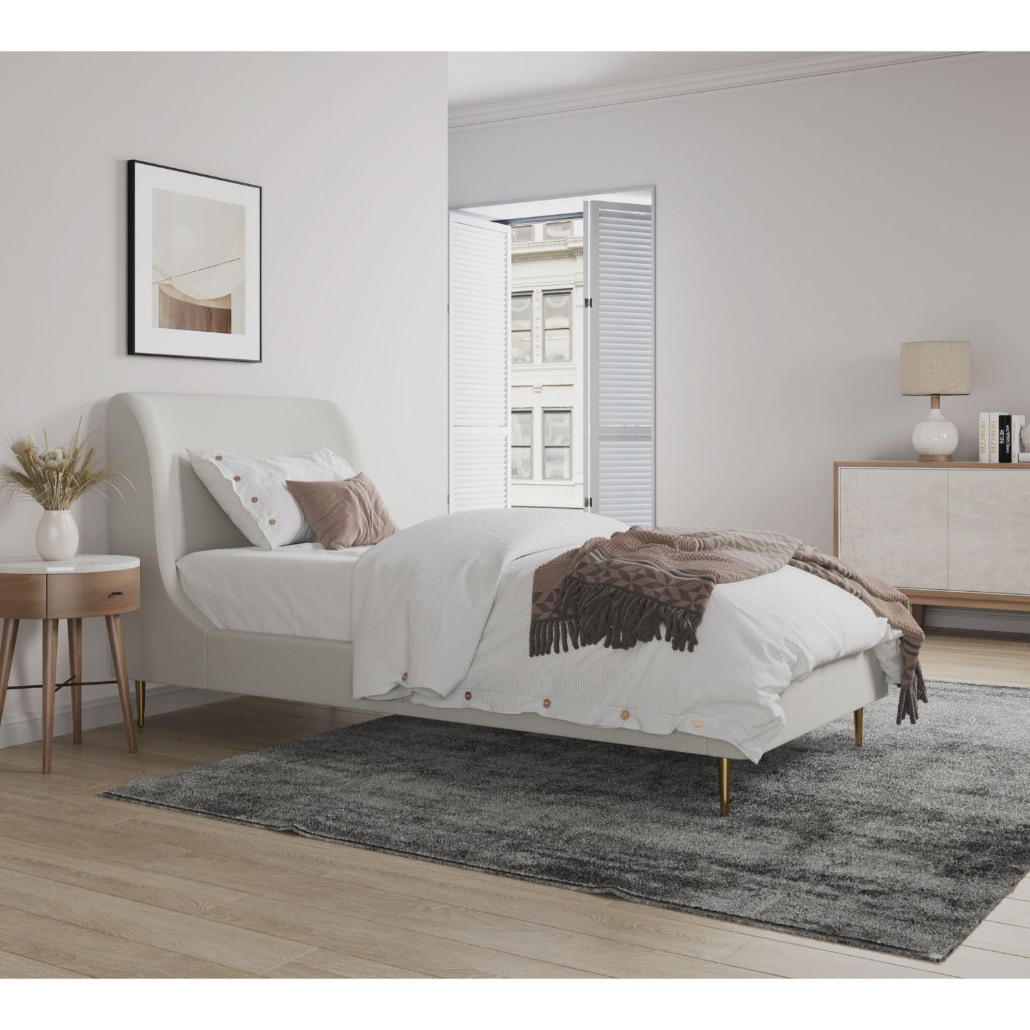 Mid-Century Modern Upholstered Bed With Curved Headboard