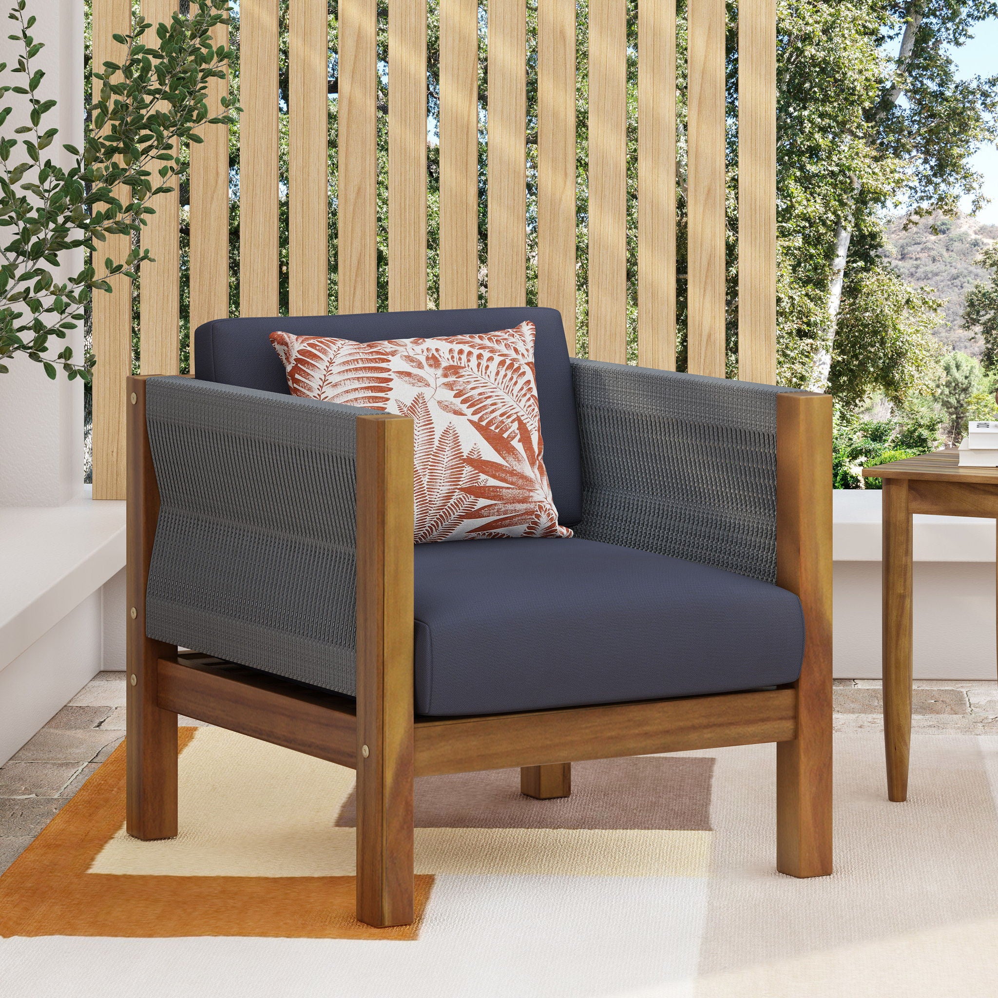 Outdoor Club Chair With Rattan Rope Wave - Dark Gray