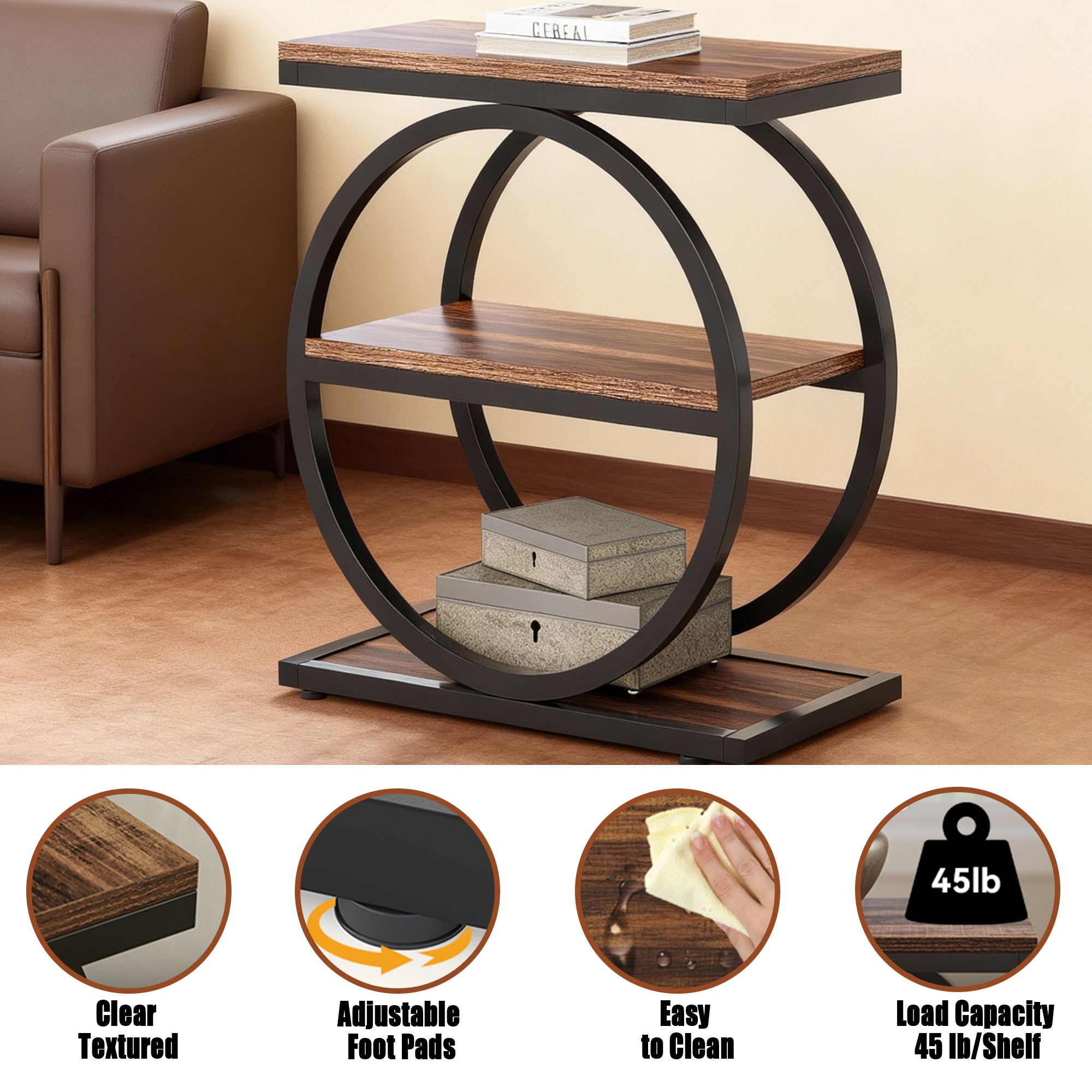 Industrial Narrow End Table With 3 Shelves