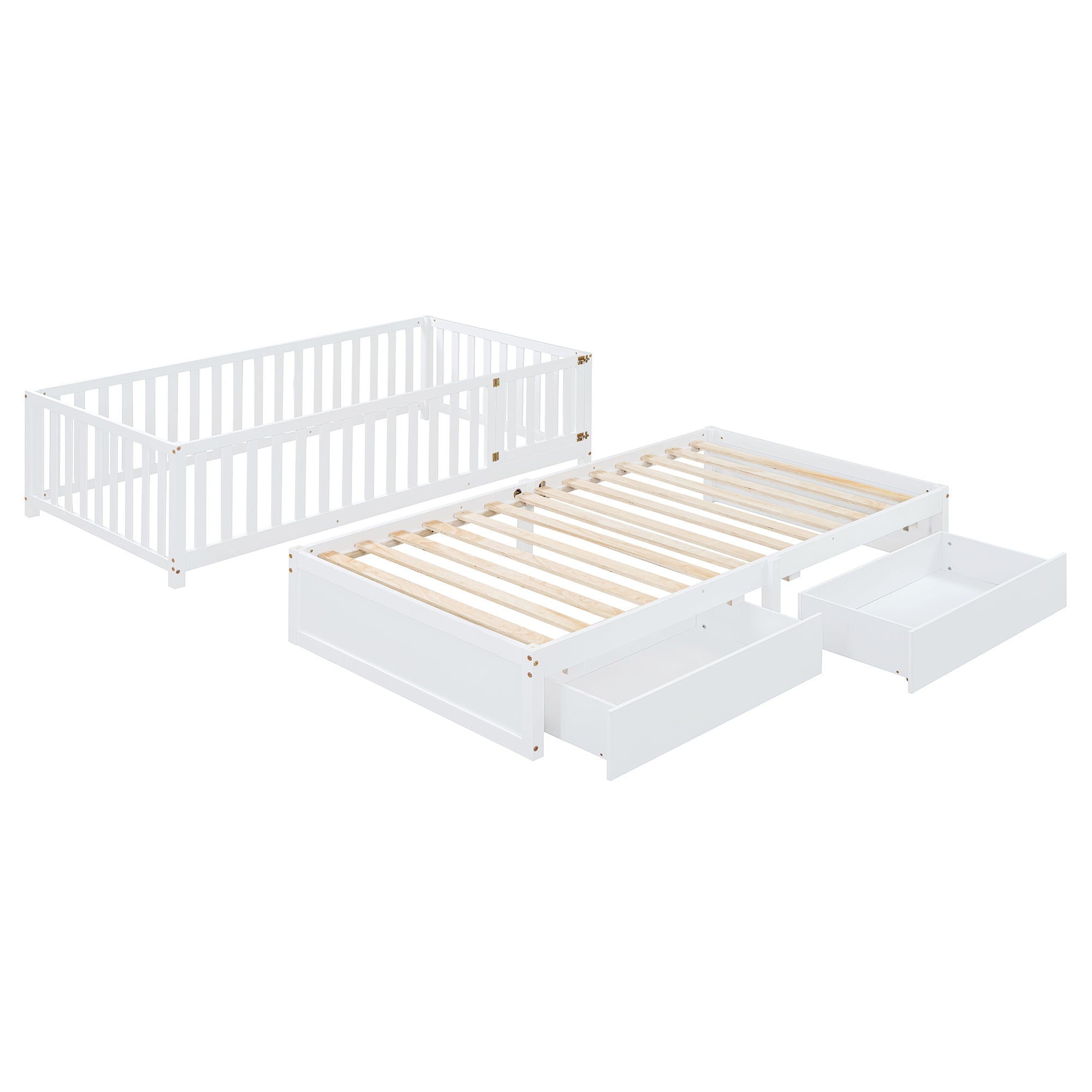 Daybed With Fence Guardrails And 2 Drawers, Split Into Independent Floor Bed & Daybed