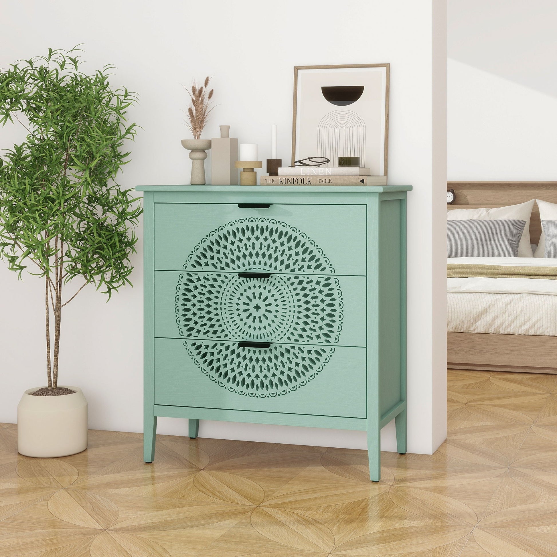 3 Drawer Storage Cabinet With Hollow Carved Design And Metal Handles, Chest For Entryway, Living Room Or Bedroom - Light Green - Best Buy Furniture