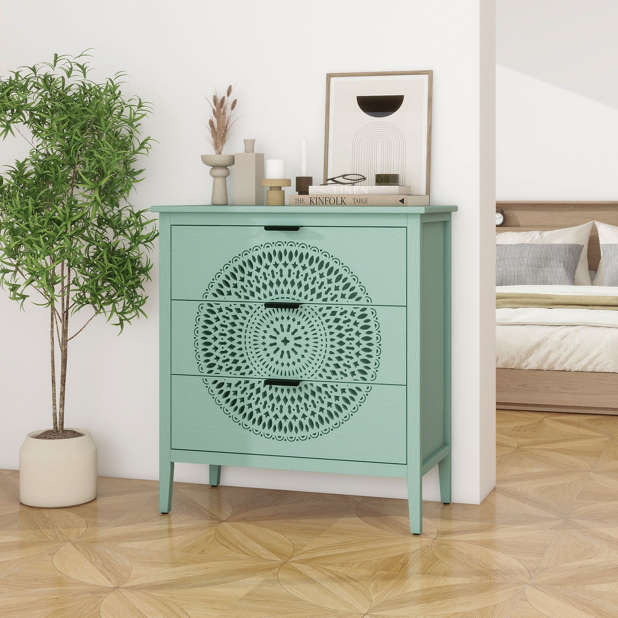3 Drawer Storage Cabinet With Hollow Carved Design And Metal Handles, Chest For Entryway, Living Room Or Bedroom - Light Green - Best Buy Furniture