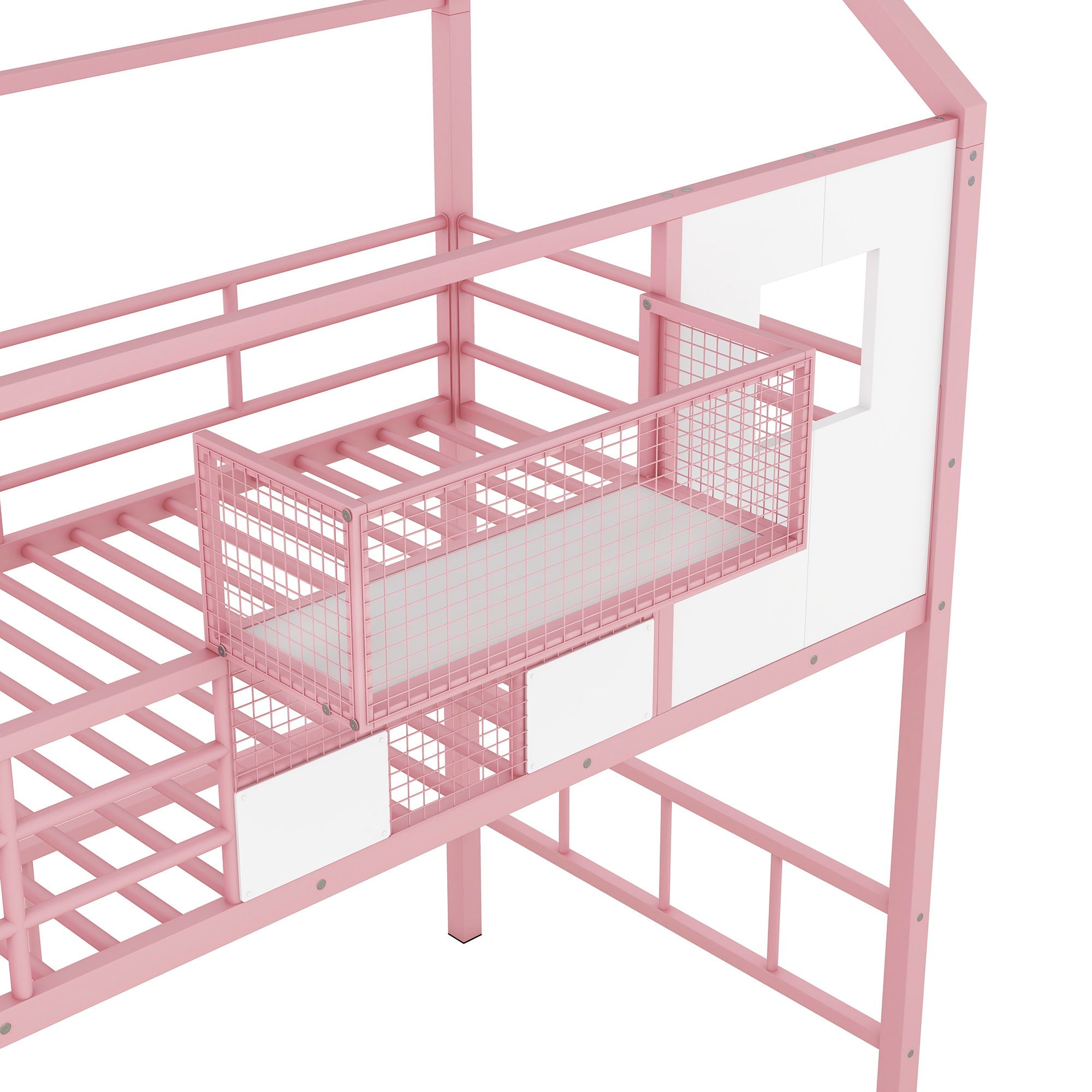 Metal Loft Bed With Roof Design And Storage Box With Guardrails And Integrated Ladder