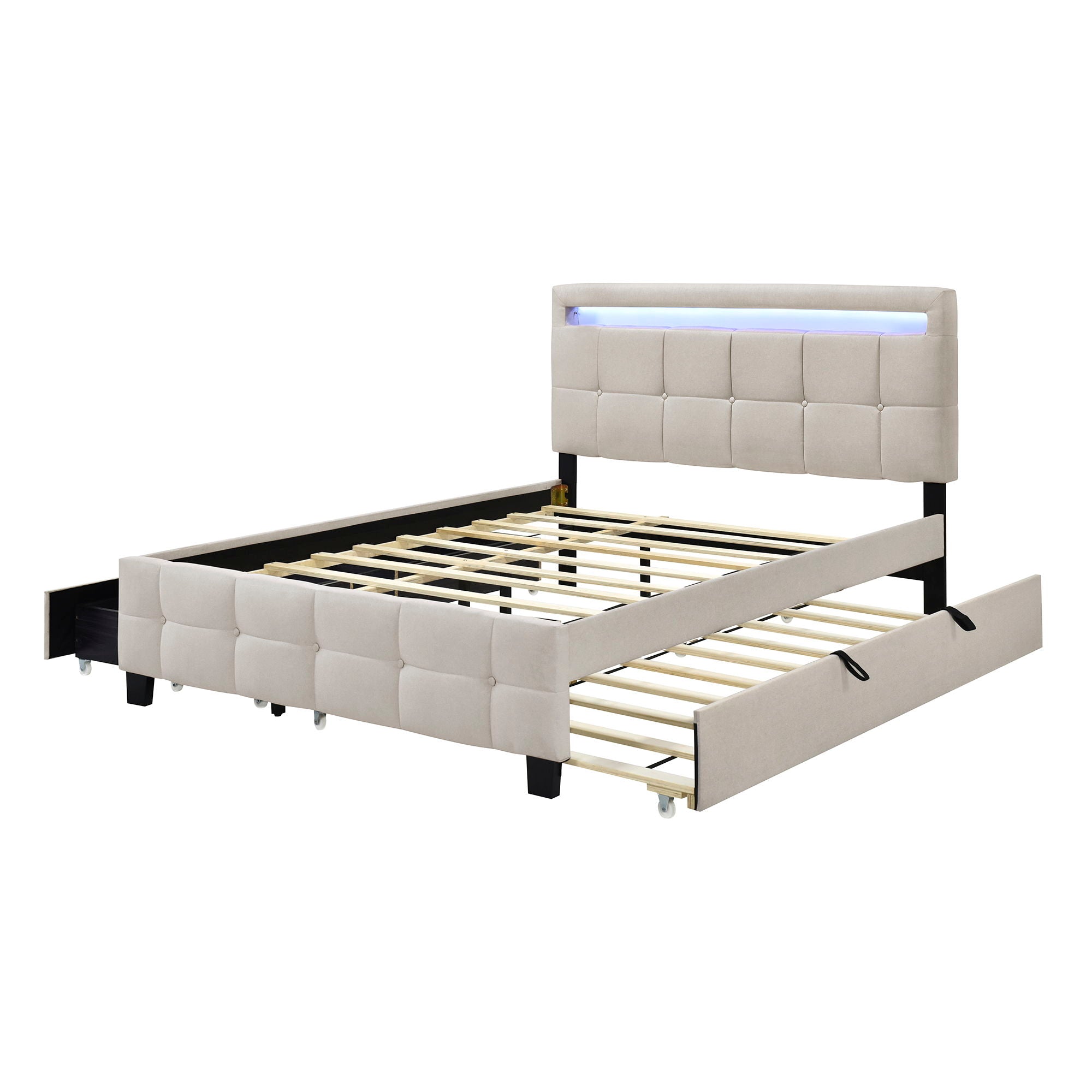 Upholstered Platform Bed With LED Frame, With Trundle And 2 Drawers