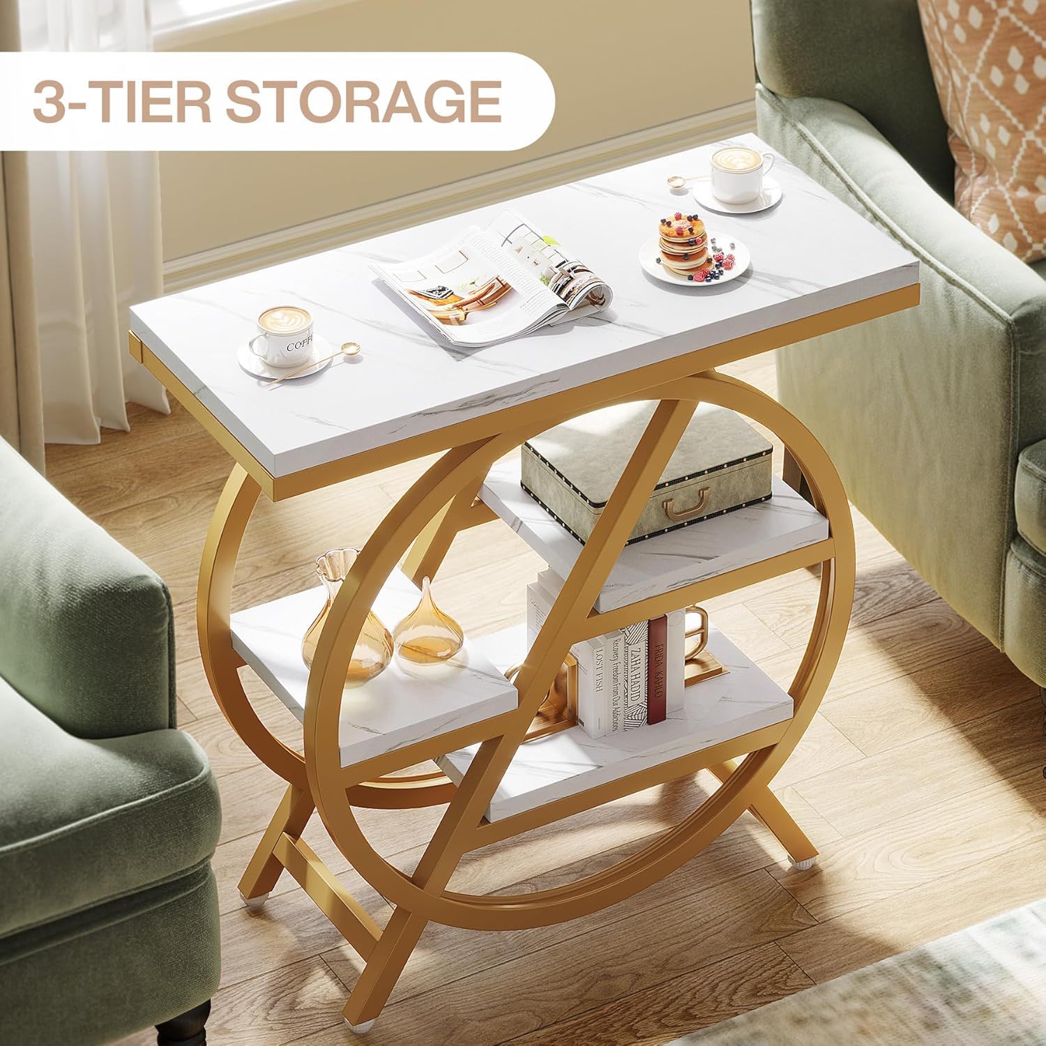 Modern Narrow End Table With 3 Tier Shelves