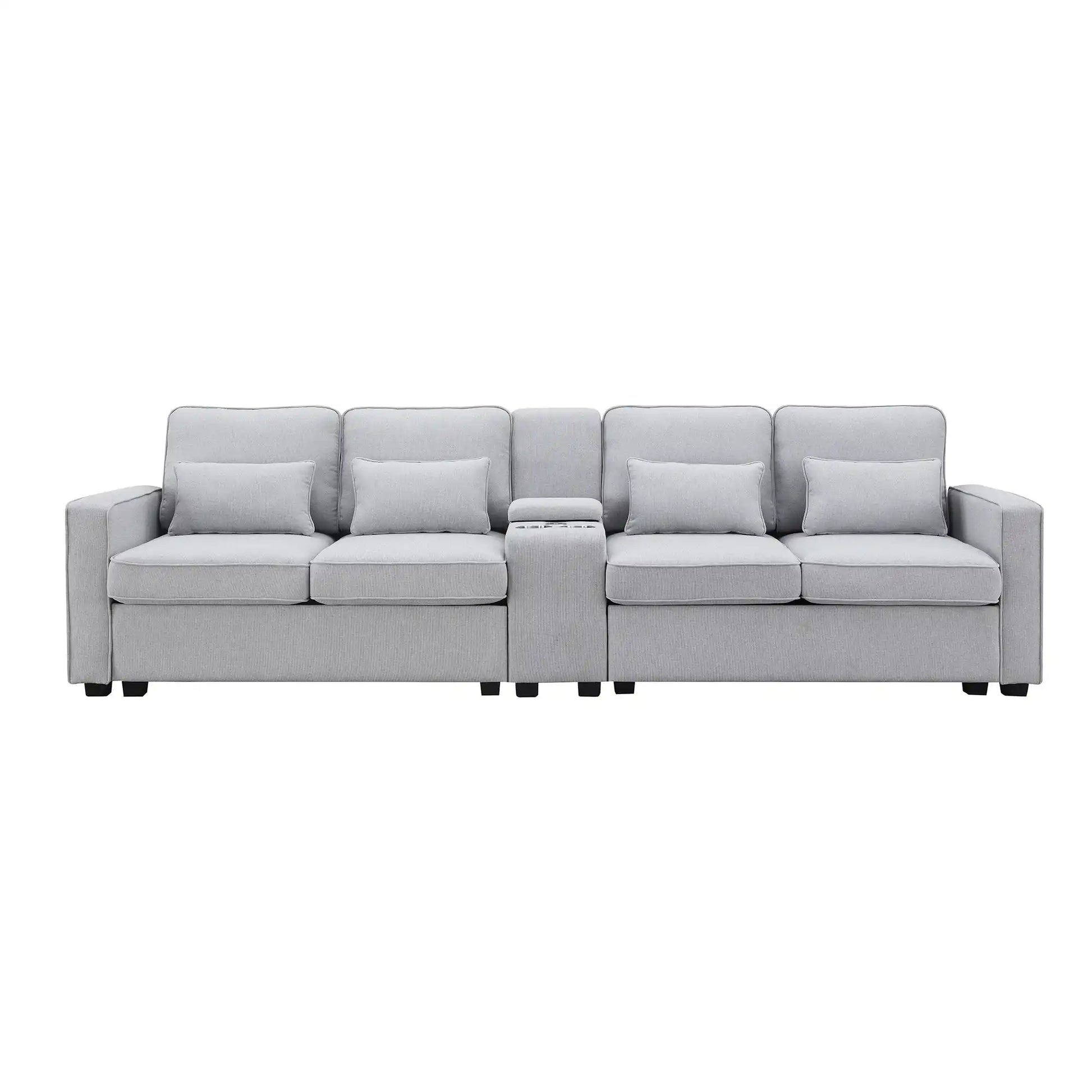 114.2" Modern Upholstered Sofa with Console, 4 Seats, Linen Fabric - Best Buy Furniture