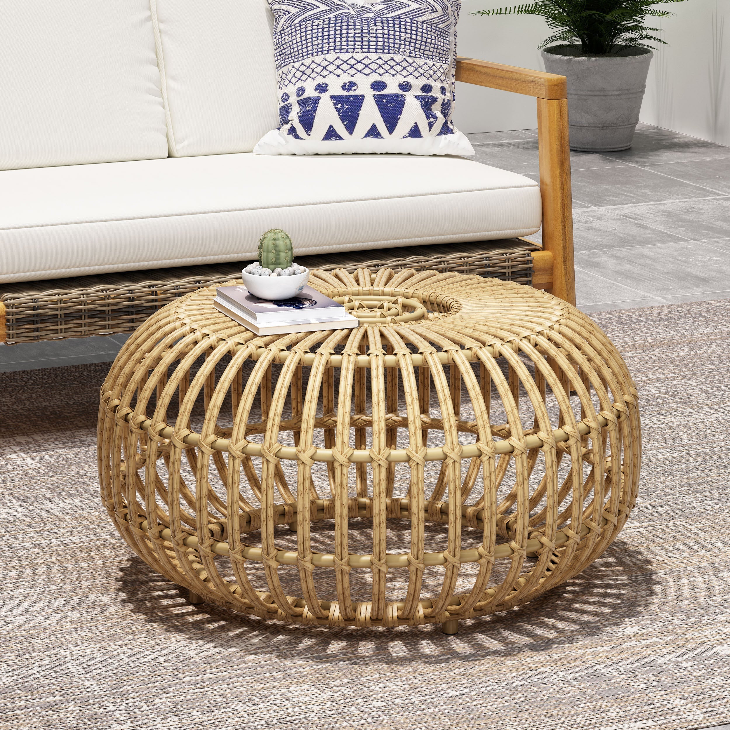 Coffee Table - Bohemian Faux Rattan Weave Accent Table