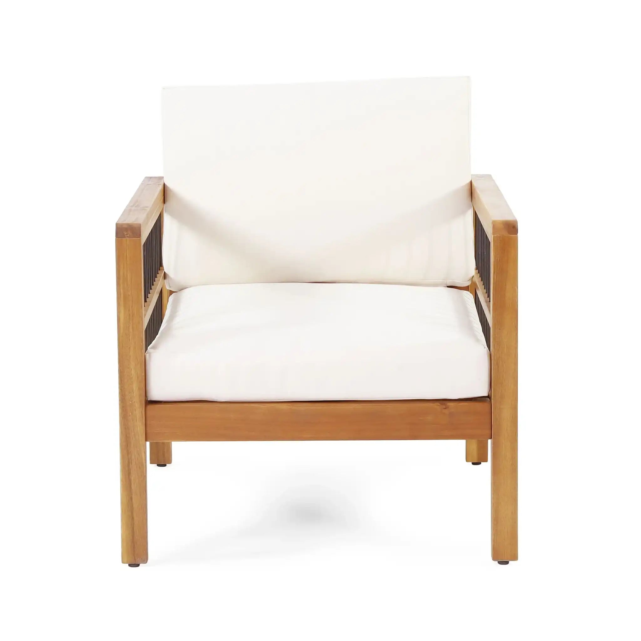 Club Chair With Slat Panel Design - Teak / Beige