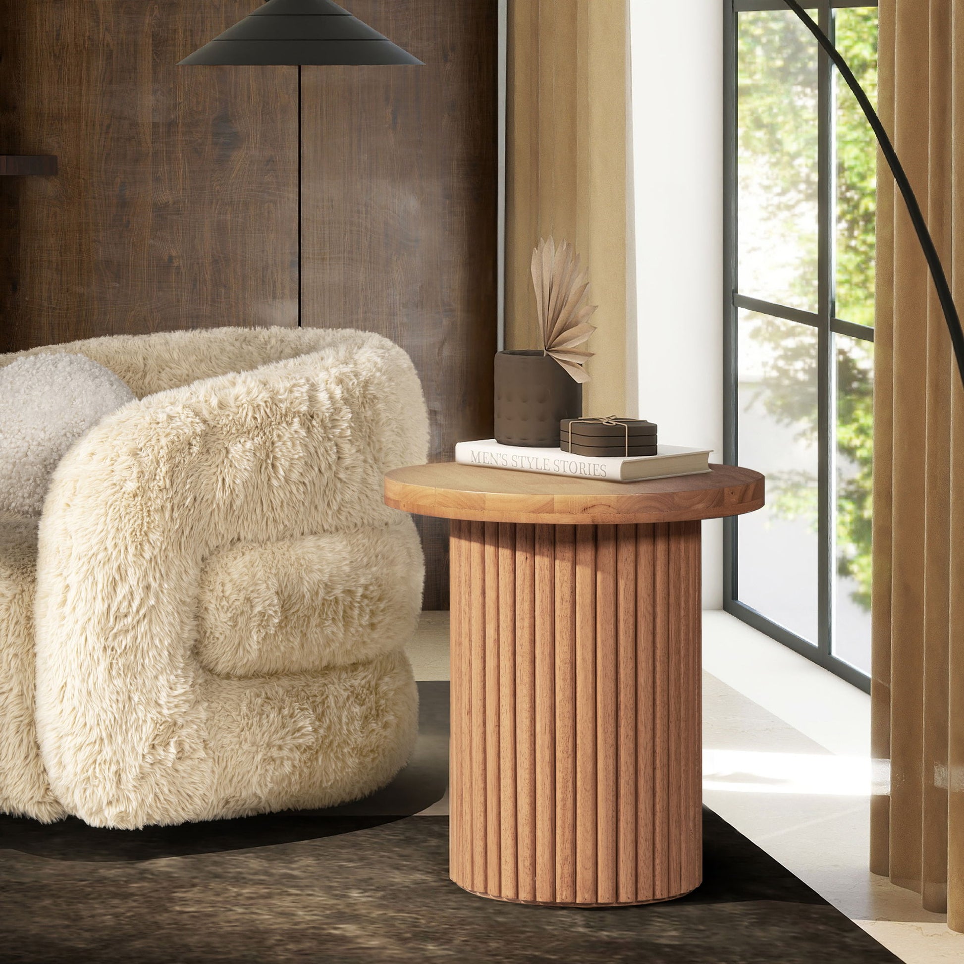 Kenzie - Fluted Pillar Round Accent Side Table - Light Natural Brown - Best Buy Furniture