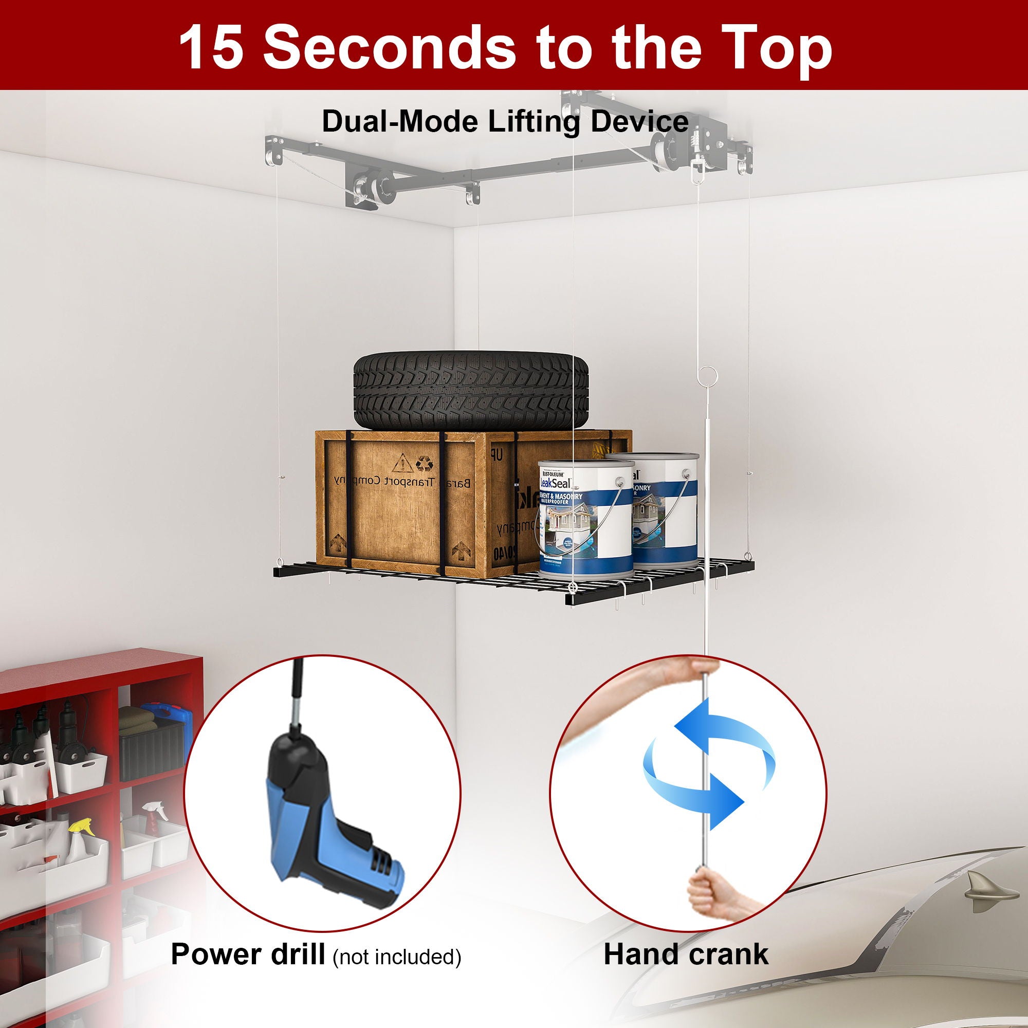 Overhead Garage Storage Rack 4 X 4 Ft For High Ceilings, With Safety Lock - Black