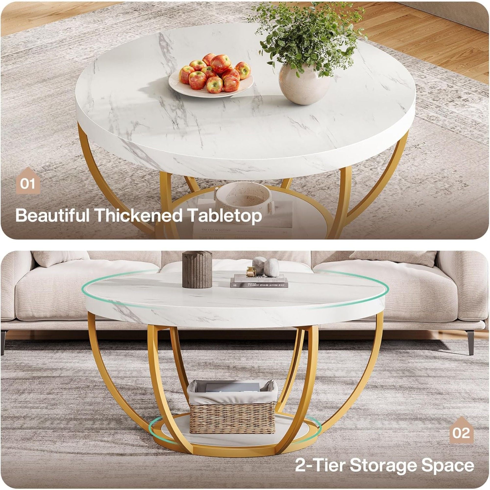 2 Tier Circle Coffee Table With Storage Shelves