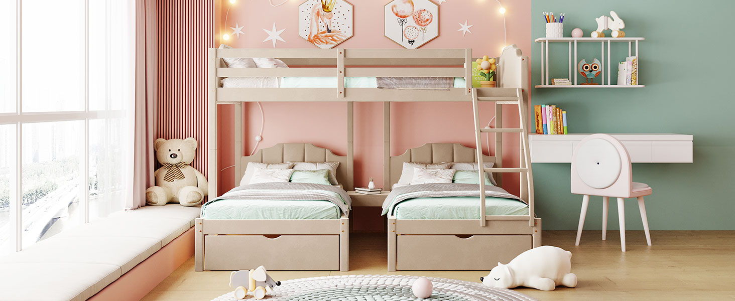 Bunk Bed, Triple Bed With Drawers And Guardrails
