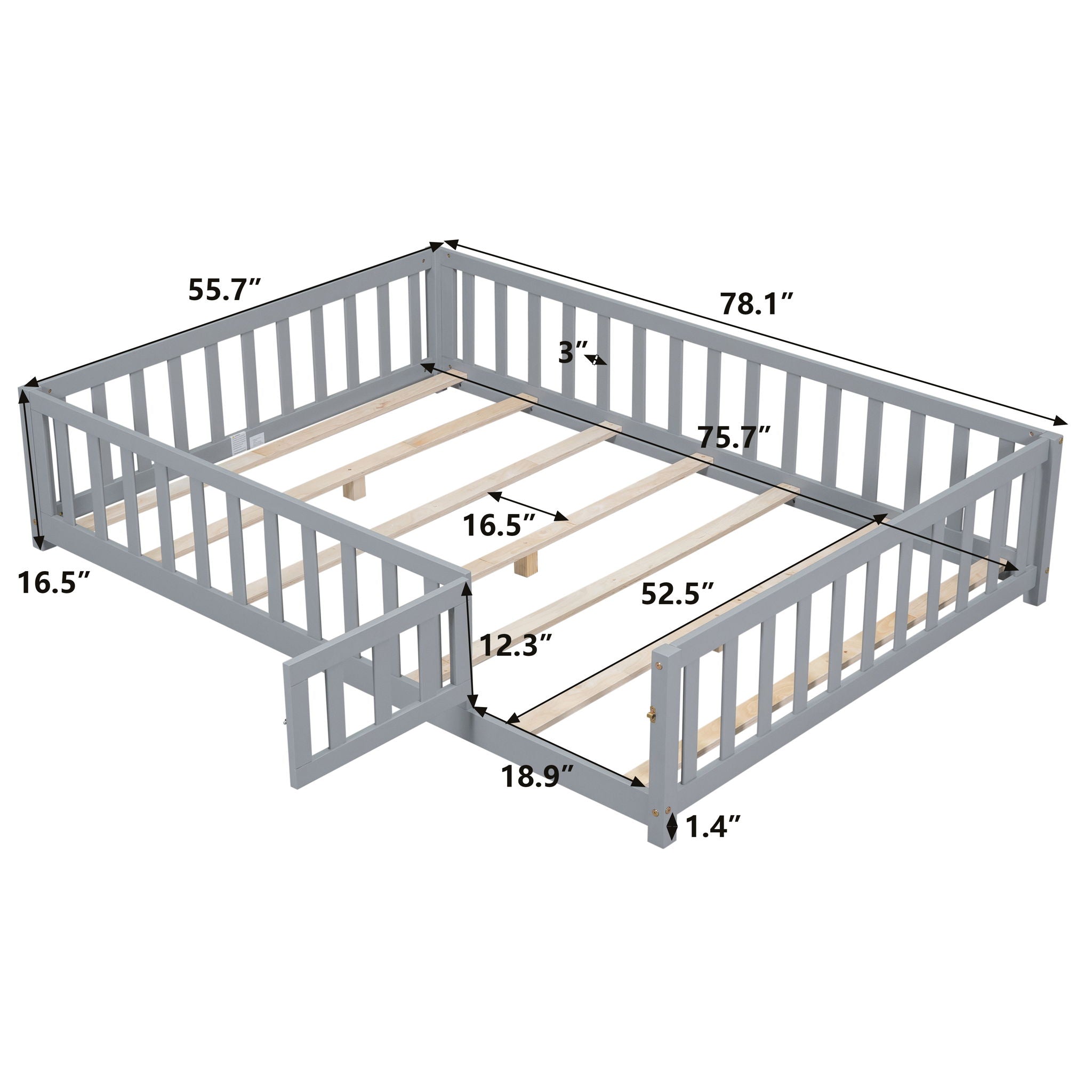 Montessori - Full Size Wooden Floor Platform Bed With Fence And Door, Montessori Floor Bed Frame With Support Slats For Toddlers - Gray
