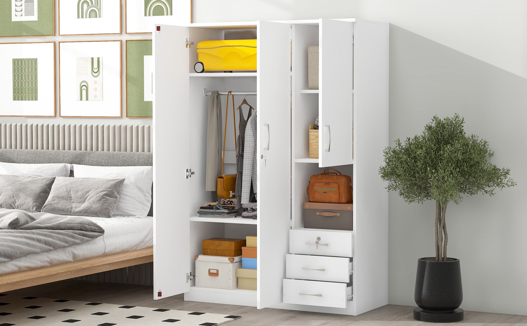 2 Doors Wardrobe Storage For Bedroom With Shelves And 3 Drawers