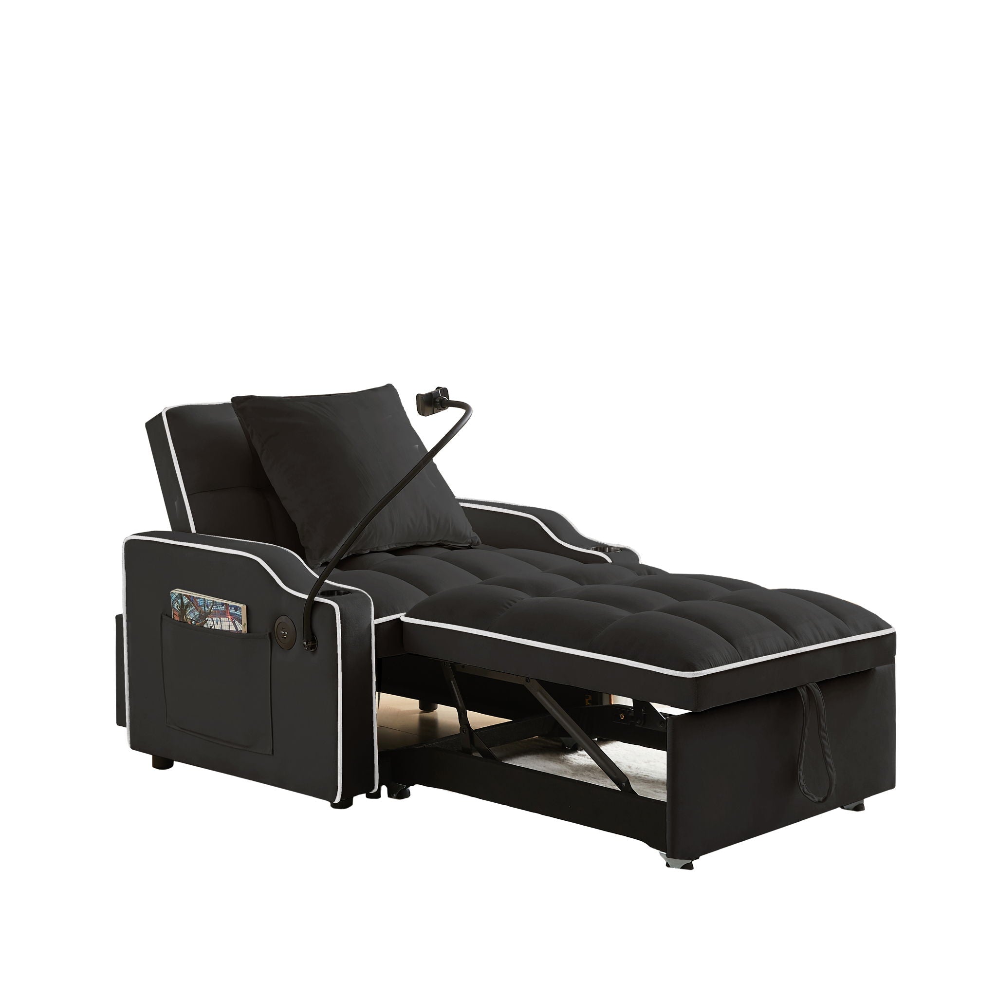 Convertible 3 In 1 Sofa Bed With Adjustable Sleeper Chair And Multi Pockets - Black