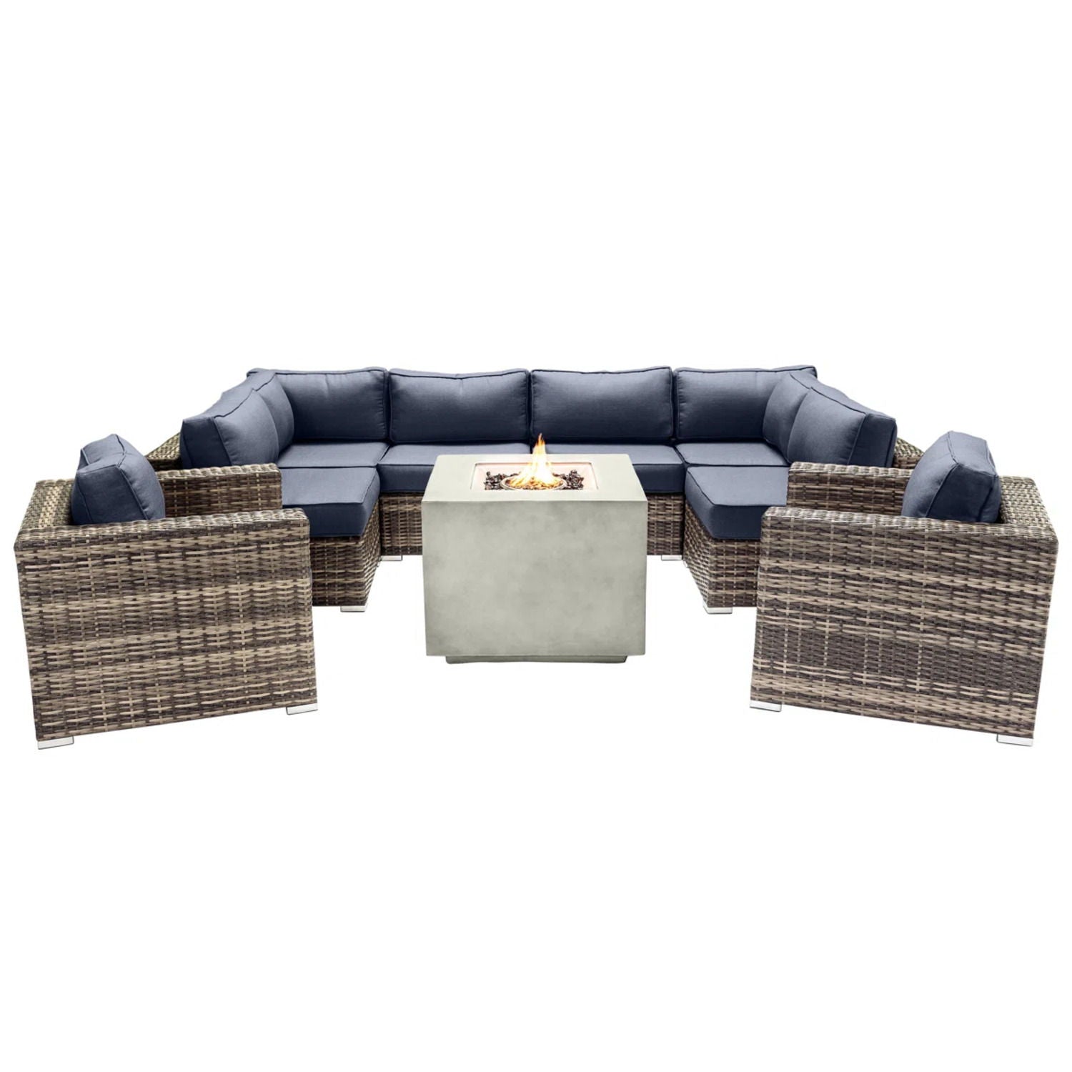 Premium 6 Person Wicker Patio Seating Group With Deep Cushions And Concrete Fire Pit - Gray Mix