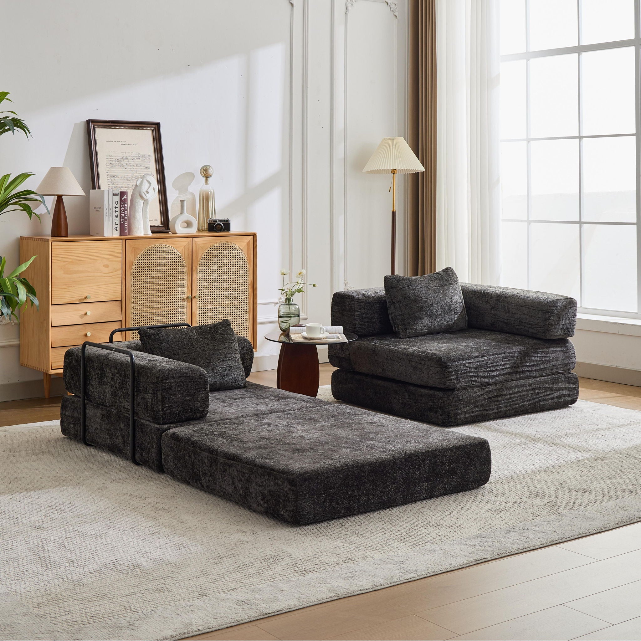 Convertible Floor Sofa Bed With Fixed Shape Frame, Loveseats Boneless Modular Sectional, For Living Room - Black