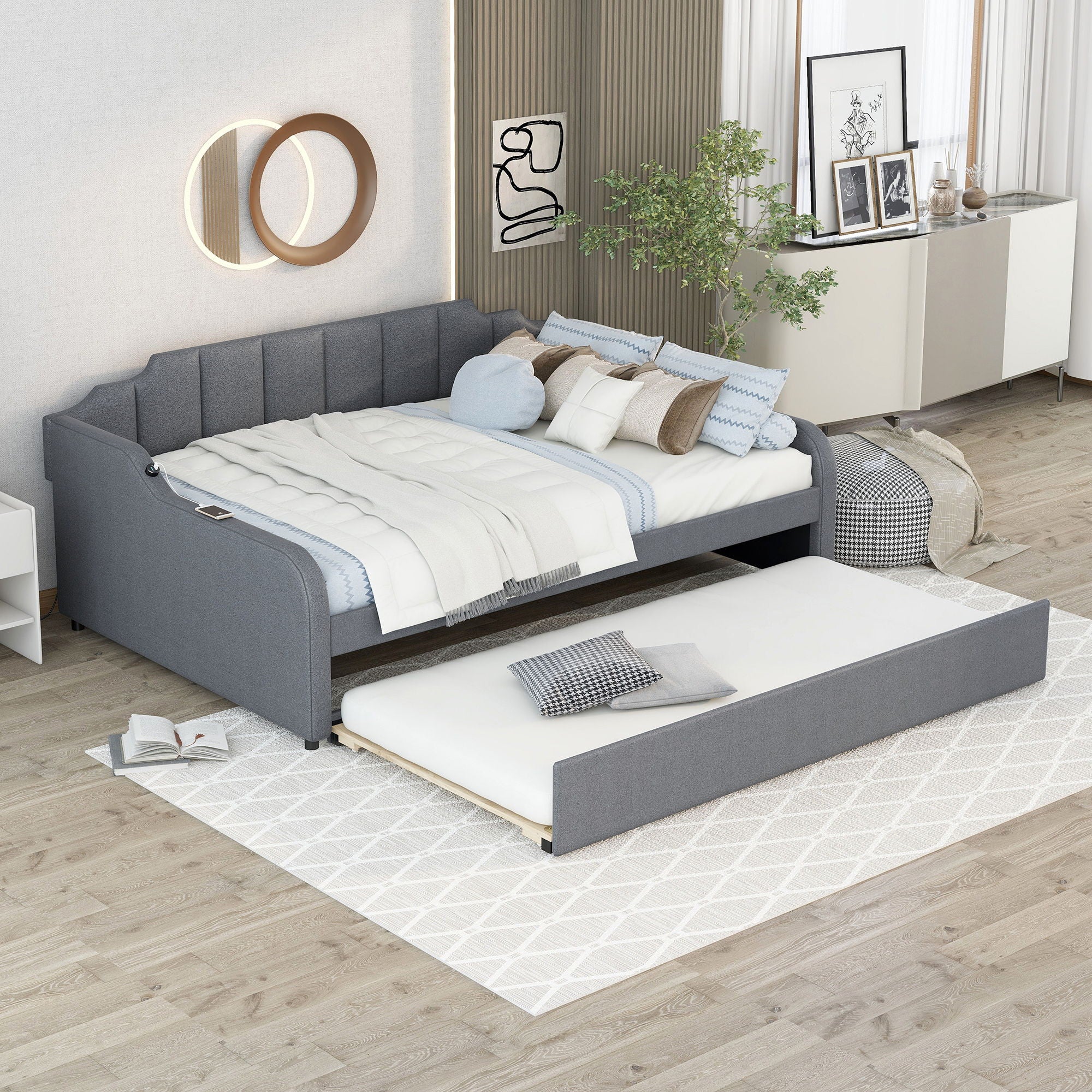 Full Size Upholstered Daybed With Trundle And USB Charging - Gray