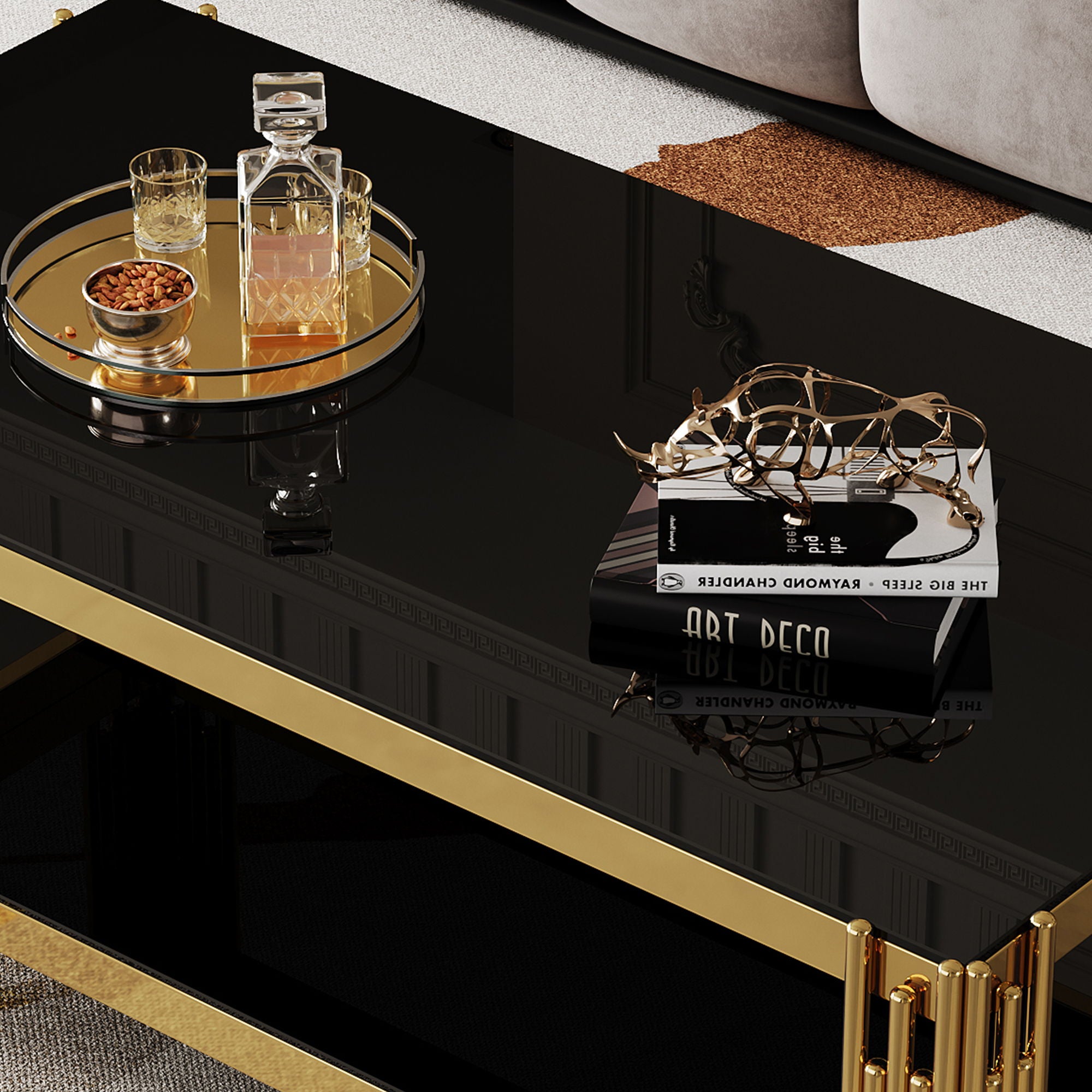 Top And Bottom Double Layer Tempered Glass Table And Mirror Finished Stainless Steel Frame
