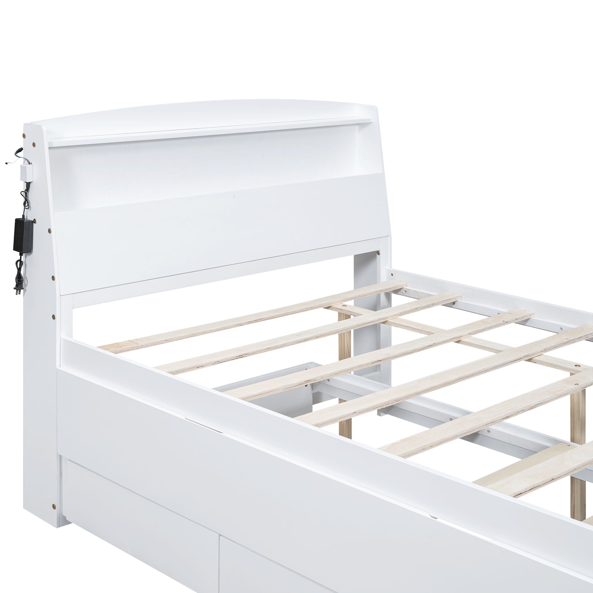 Full Size Platform Bed With Storage LED Headboard, Twin Trundle And 3 Drawers - White