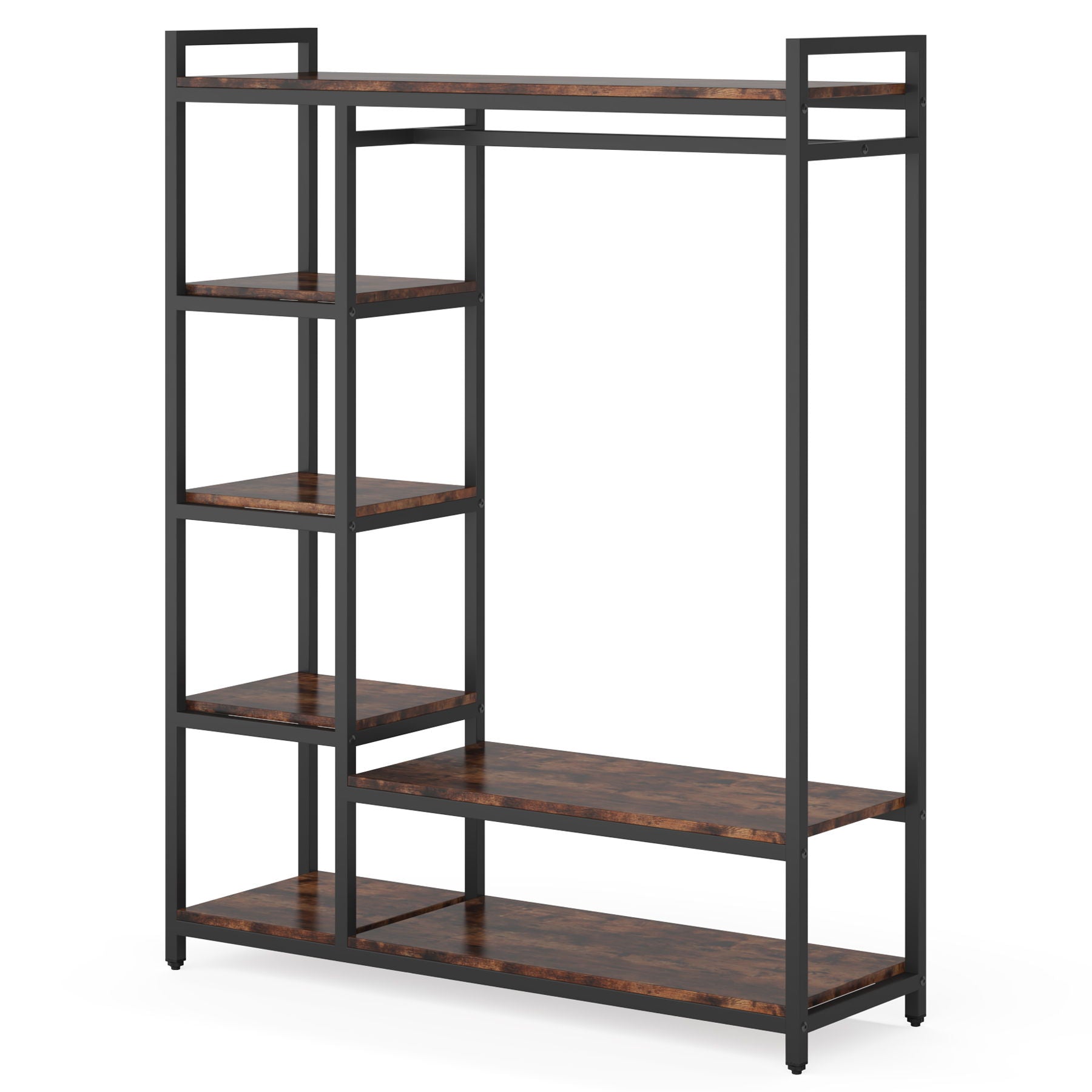 Free Standing Closet Organizer With 6 Shelves And Hanging Bar - Brown / Black