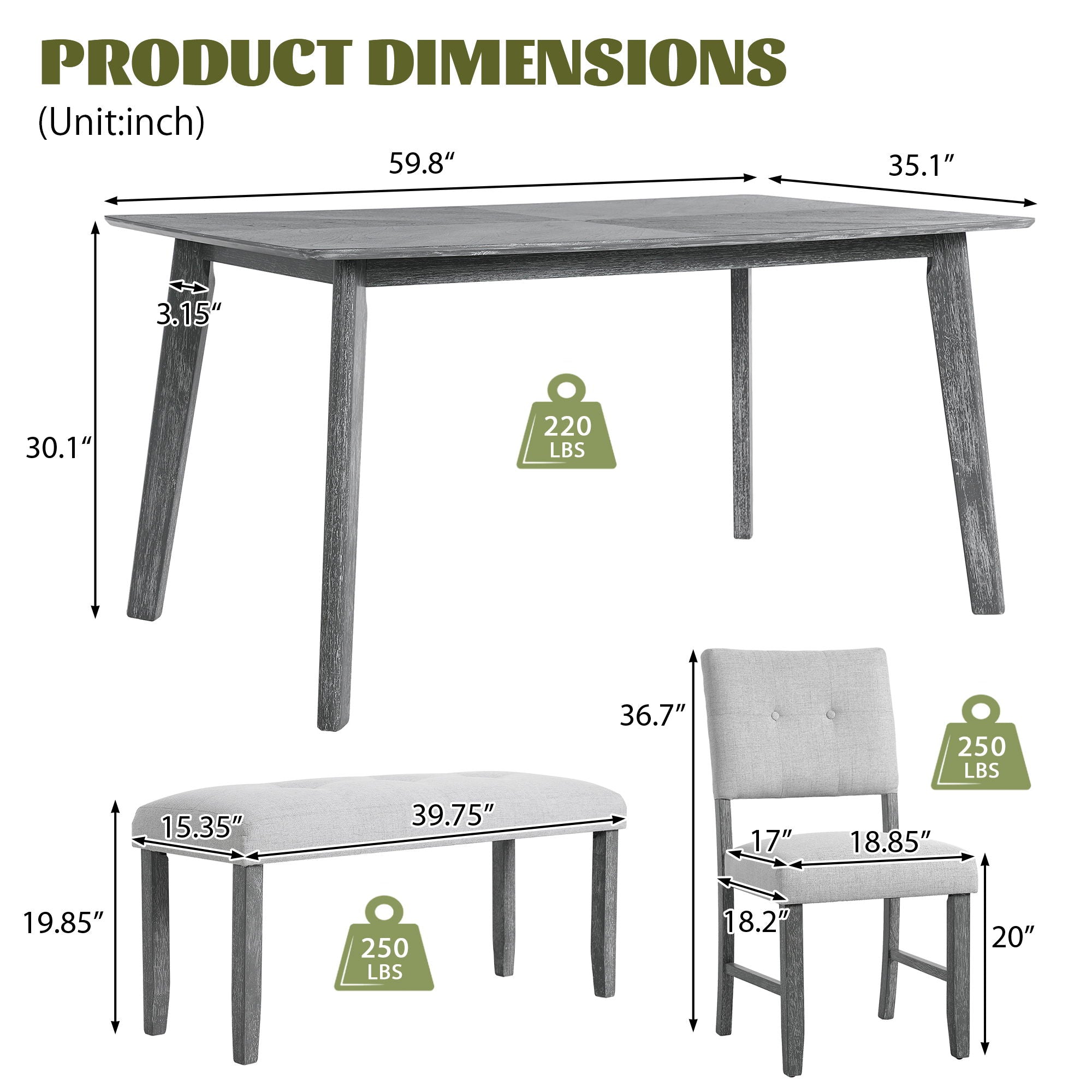 Rustic Farmhouse Dining Room Rectangular Table With 4 Upholstered Chairs And Bench