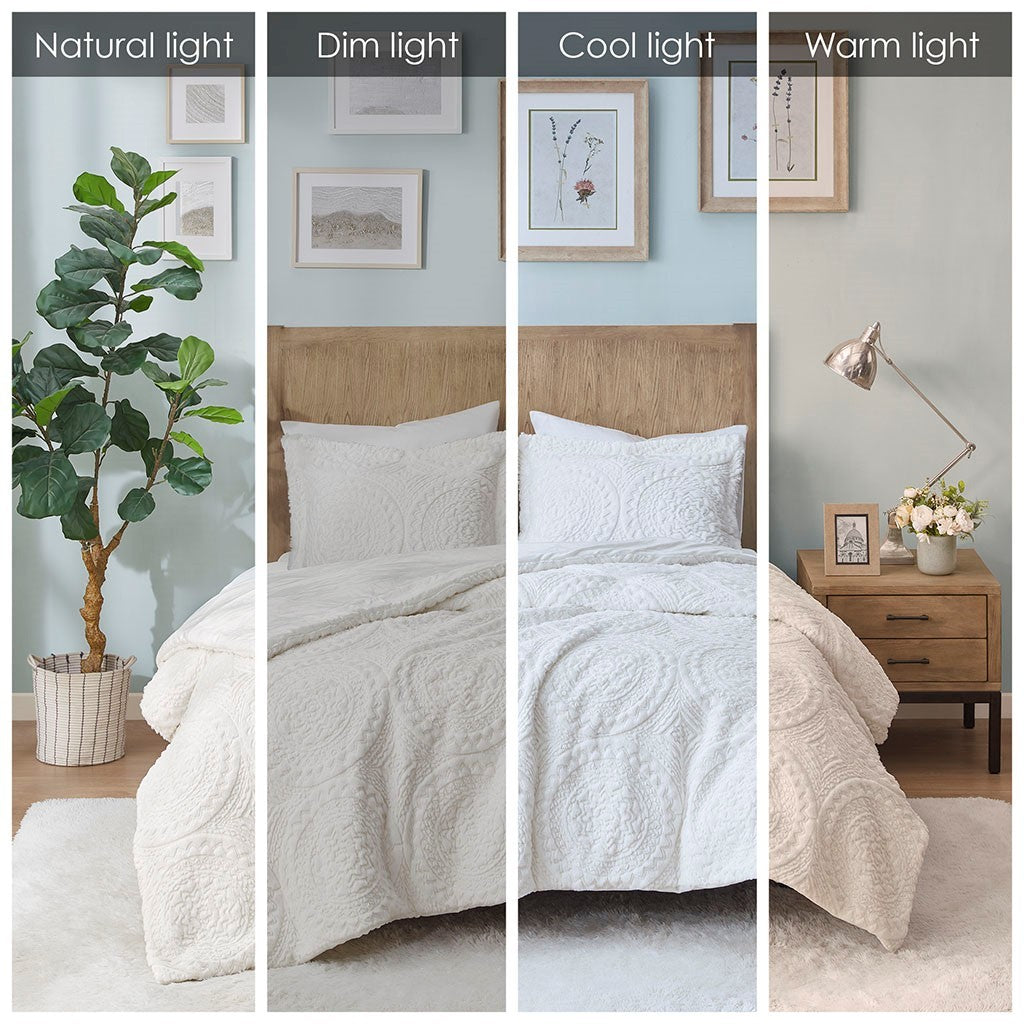 Full/Queen Embroidered Medallion Faux Fur Ultra Plush Comforter Mini Set