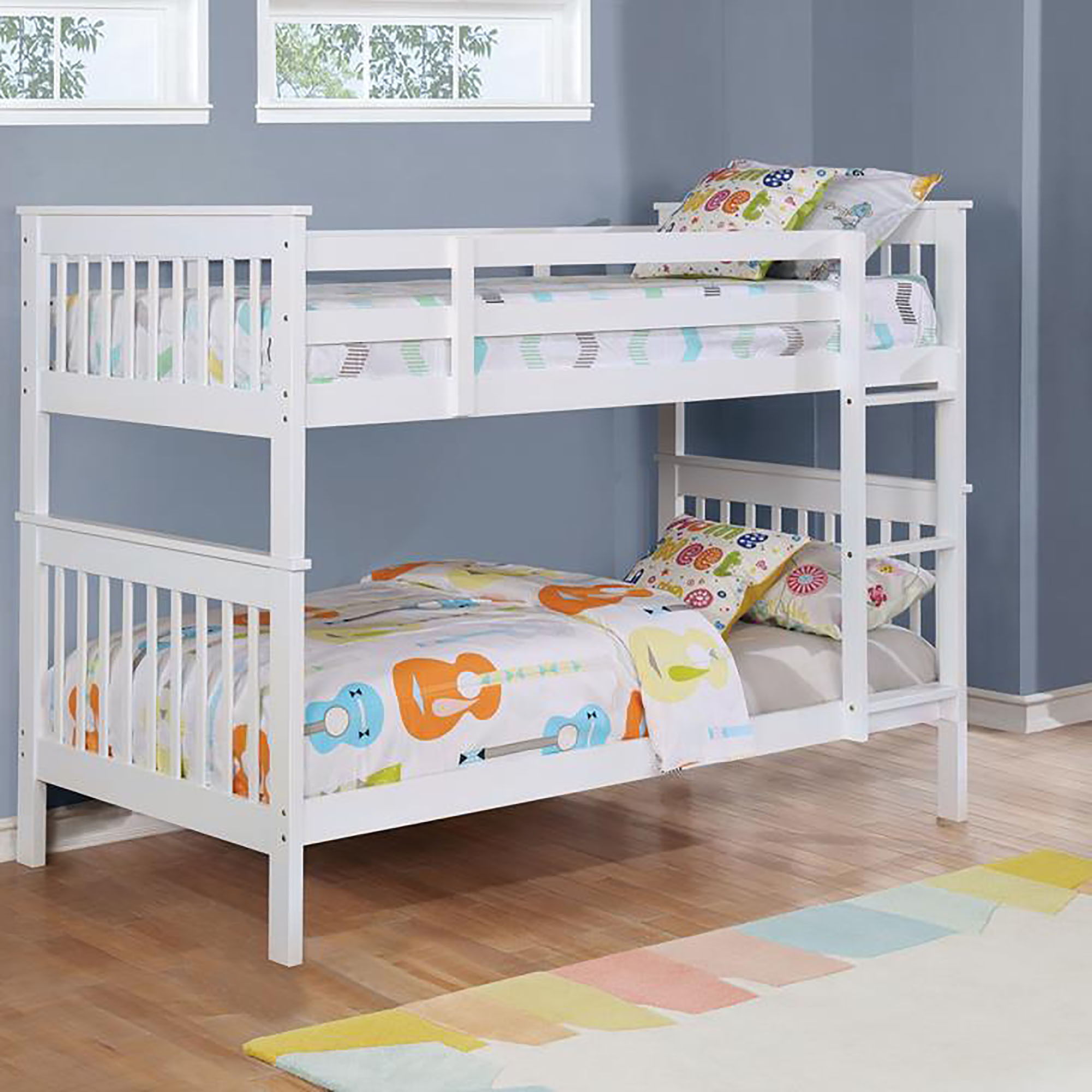 Slatted - Headboard Twin / Twin Bunk Bed With Built In Ladder Design - White