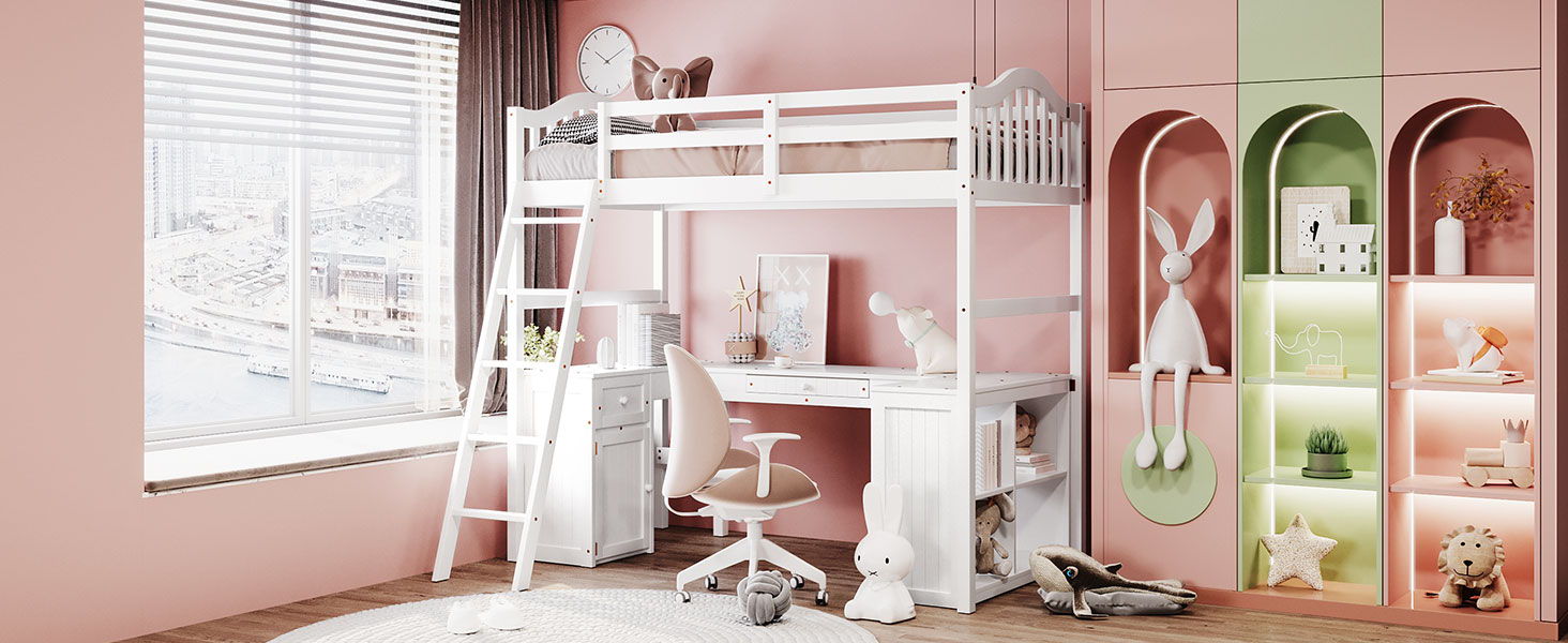 Loft Bed With Drawers, Cabinet, Shelves With Desk