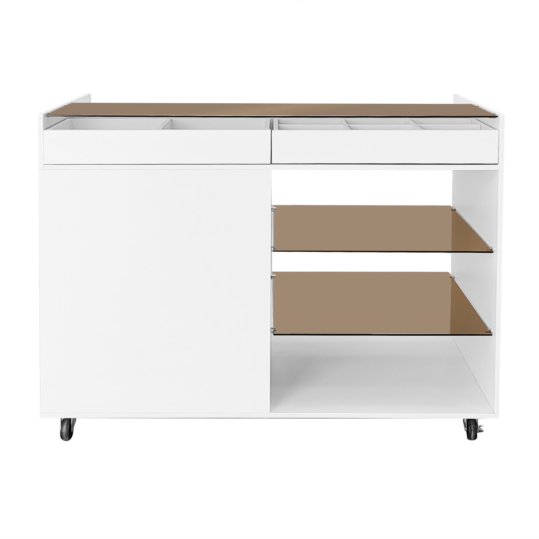 Multi-Functional Storage Island Movable Storage Cabinet Island Vanity Dresser With 3 Side Storage Drawer, A Reversible Top Storage Space And 2 Glass Display Shelves - White