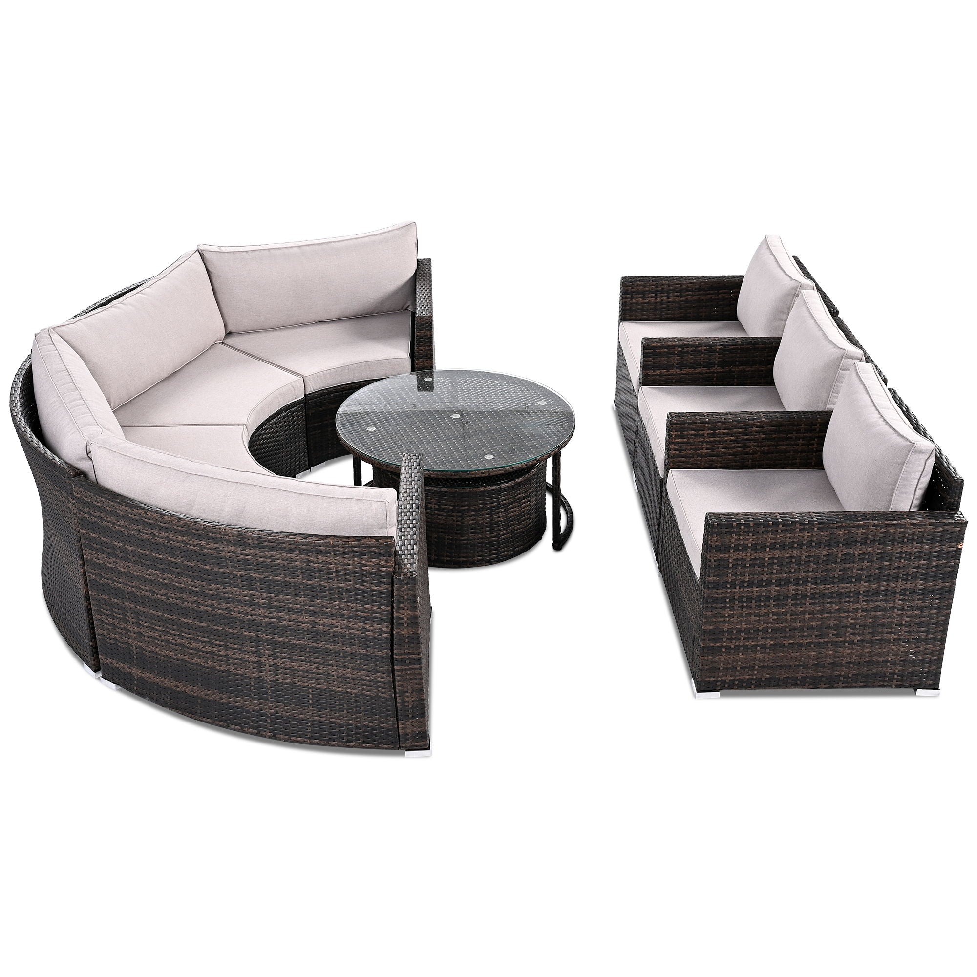 9 Pieces Outdoor Half-Moon Patio Sofa Set, Round Sofa Set, Modern Style Sofa - Brown / Beige