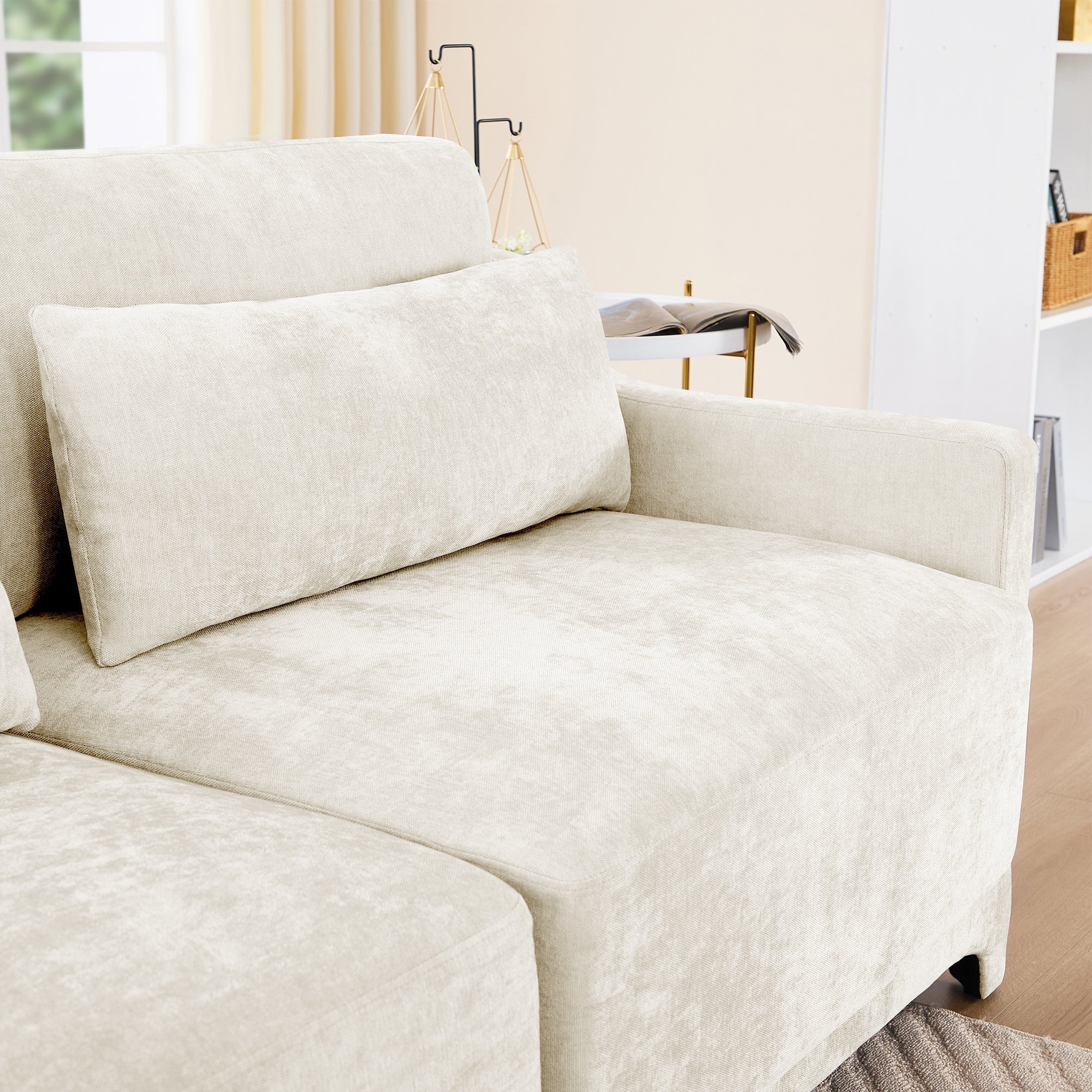 Elegant Four-Seater Sofa with Movable Ottoman and Lumbar Pillow