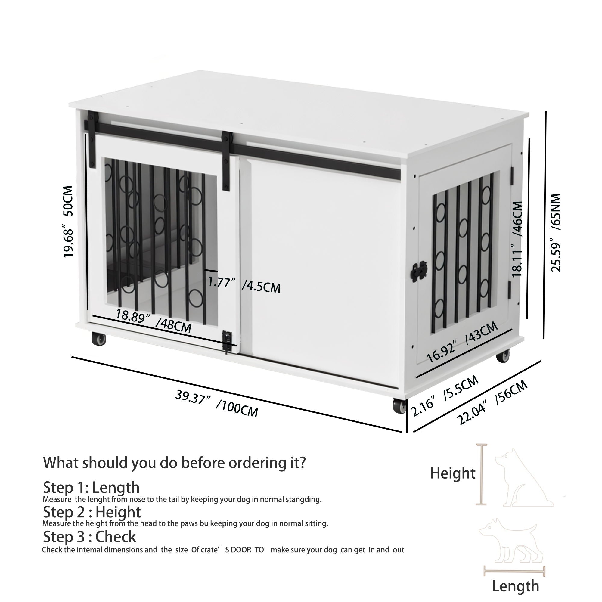 Dog Crate With Sliding Barn Door And Side Access, Lockable Wheels For Small To Medium Dogs - White