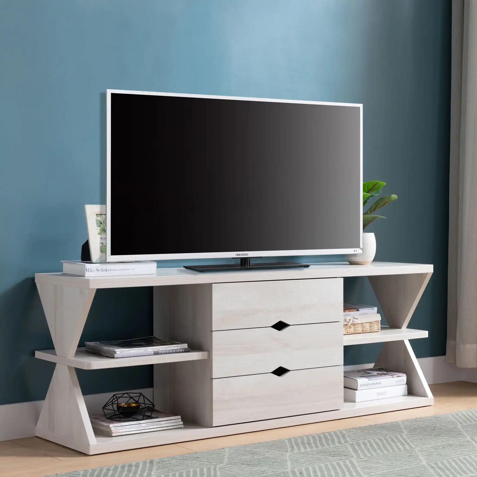Modern TV Stand With Four Open Shelves And Three Storage Drawers - White Oak - Best Buy Furniture