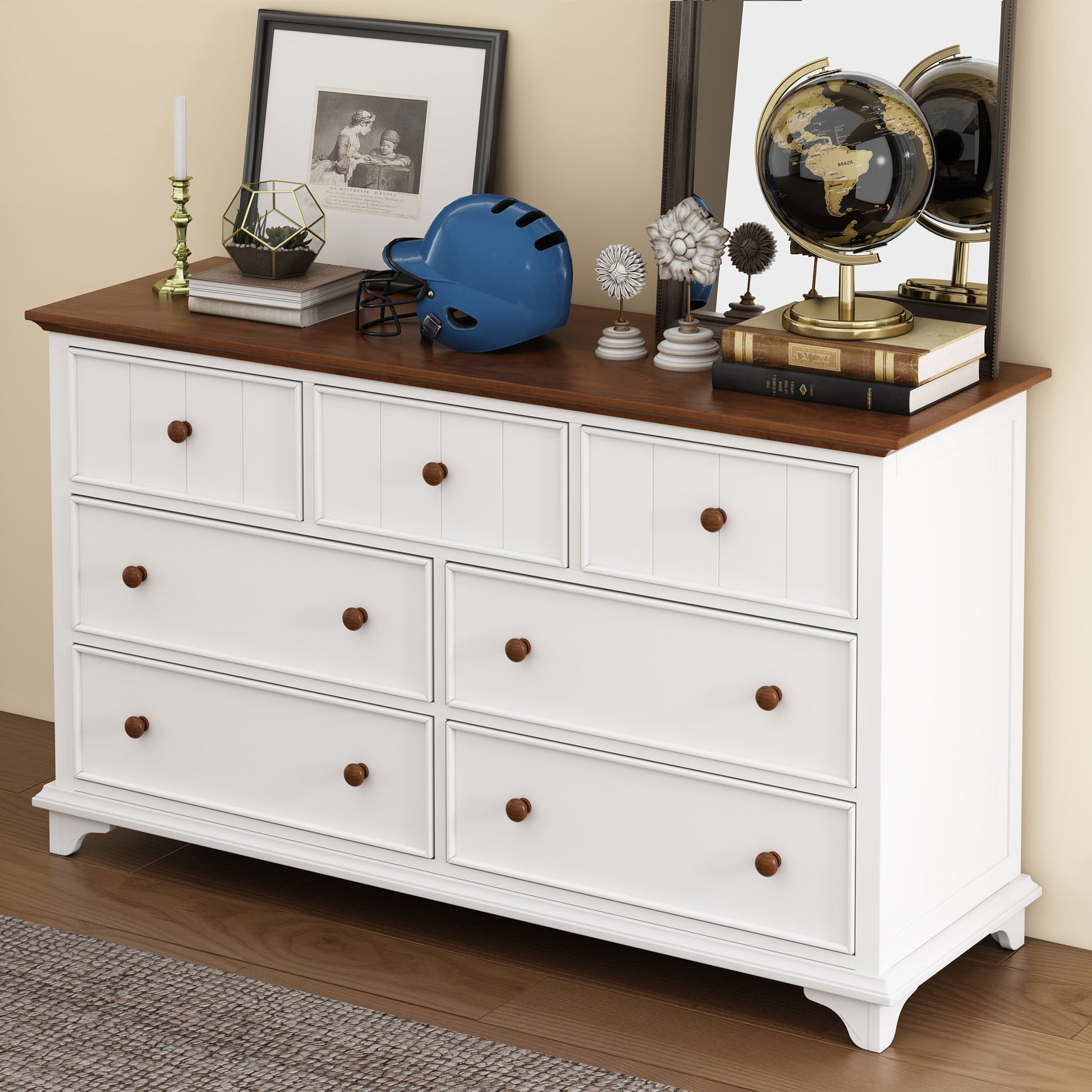 Wooden Captain Seven Drawer Dresser For Bedroom, Living Room, Kids' Room - White / Walnut - Best Buy Furniture