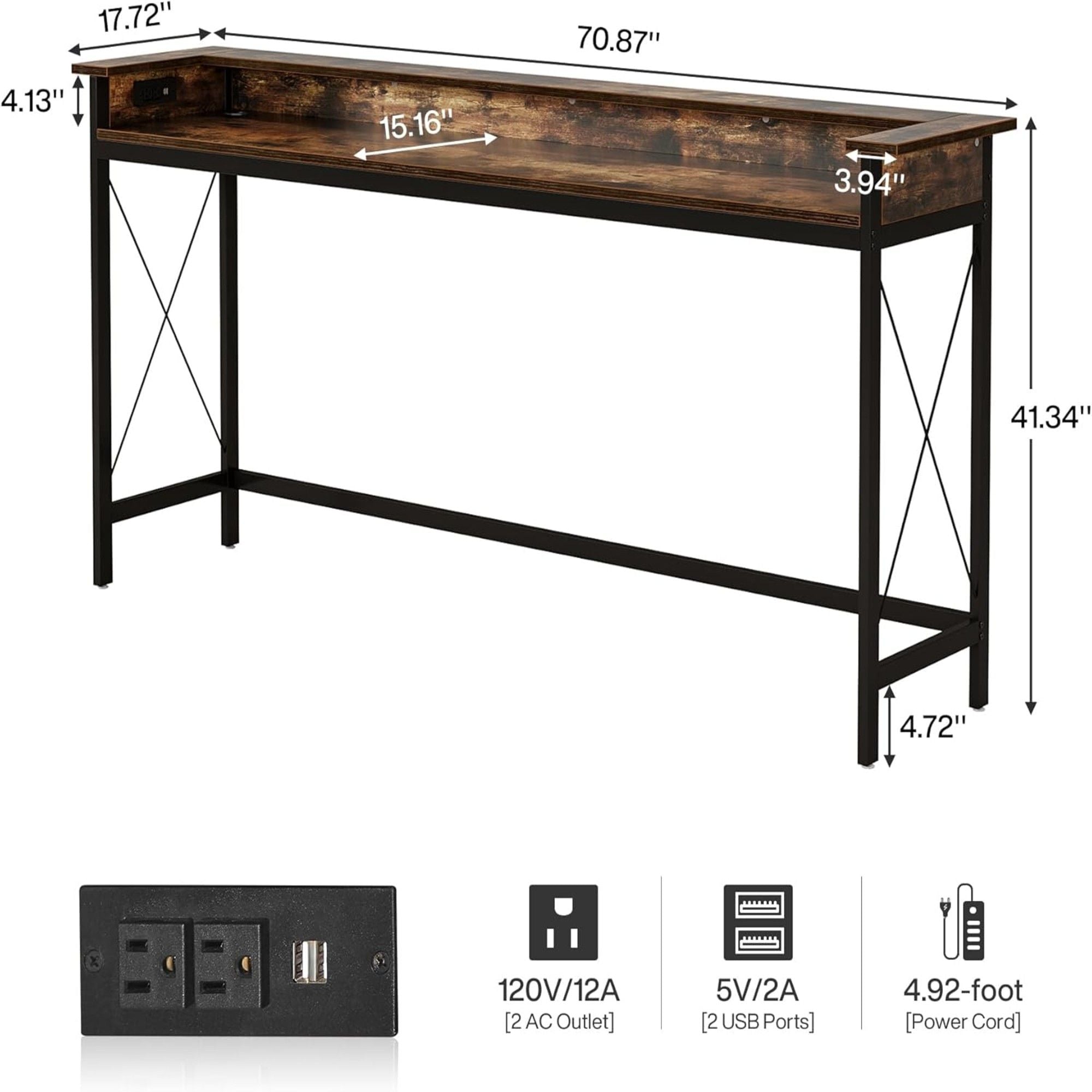 Console Table With Charging Station, Extra Long For Living Hallway - Brown / Black