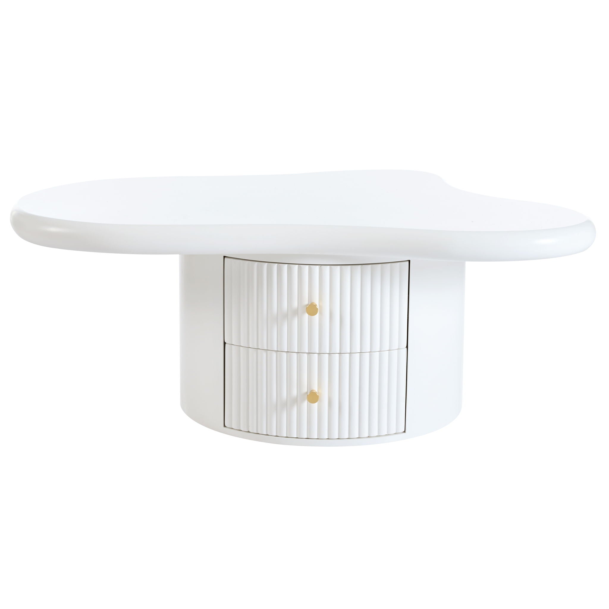 Cloud - Coffee Table (Set of 3), Irregular Shape Coffee Table With 2 Drawers, 2 Small Stools For Living Room - White