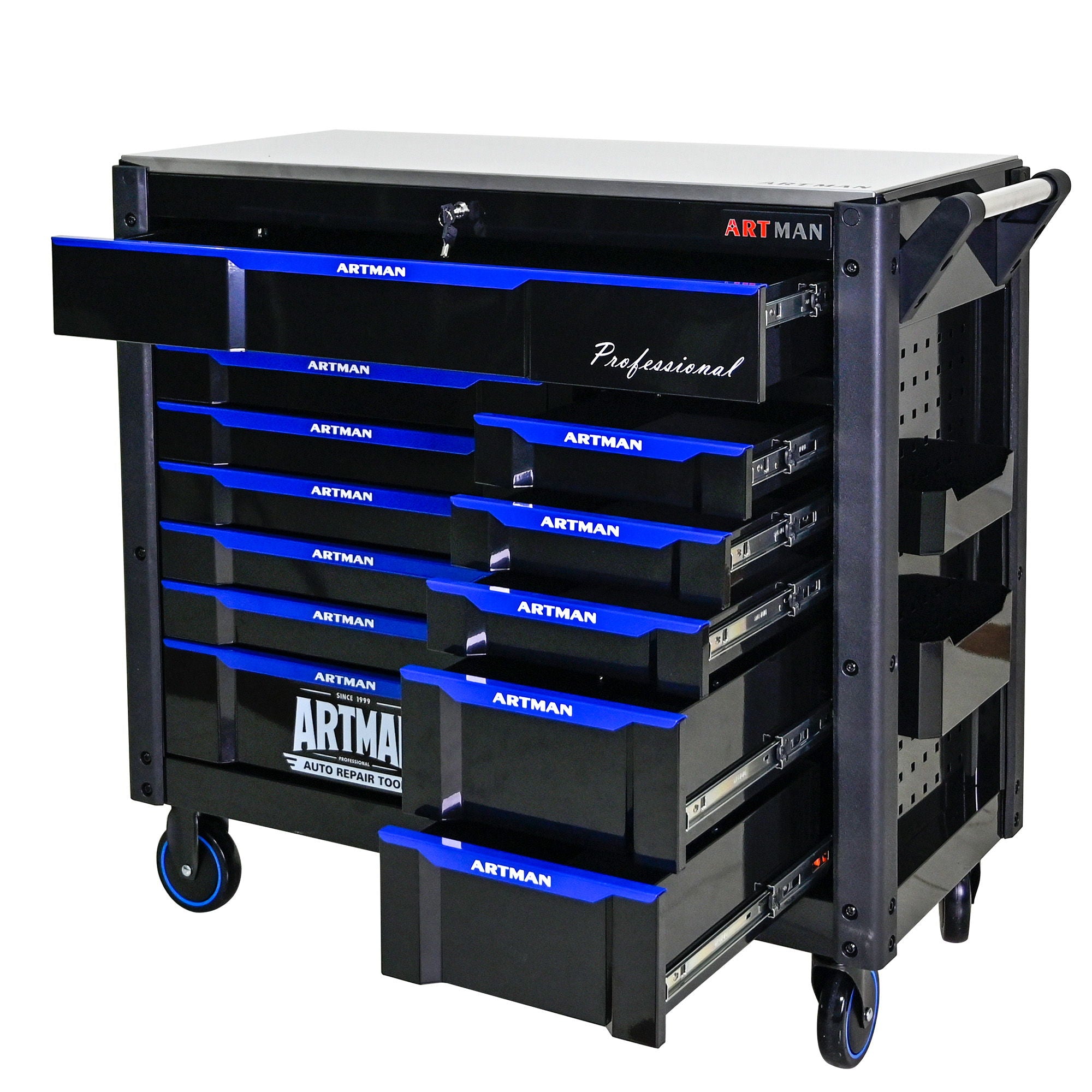 12 Layer Drawer Multi Purpose Tool Cart With Wheels And Iron Top - Black / Blue