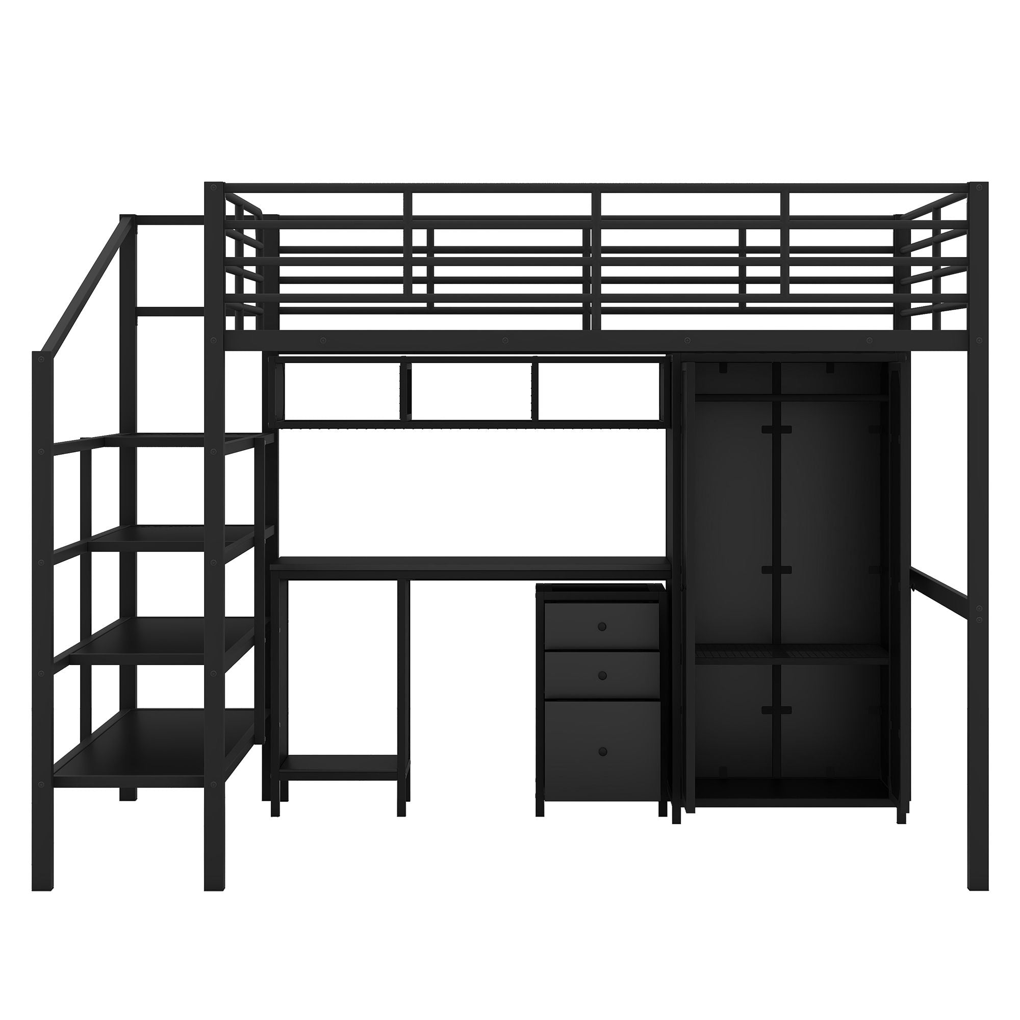 Full Size Loft Bed With Desk Set And Wardrobe - Black