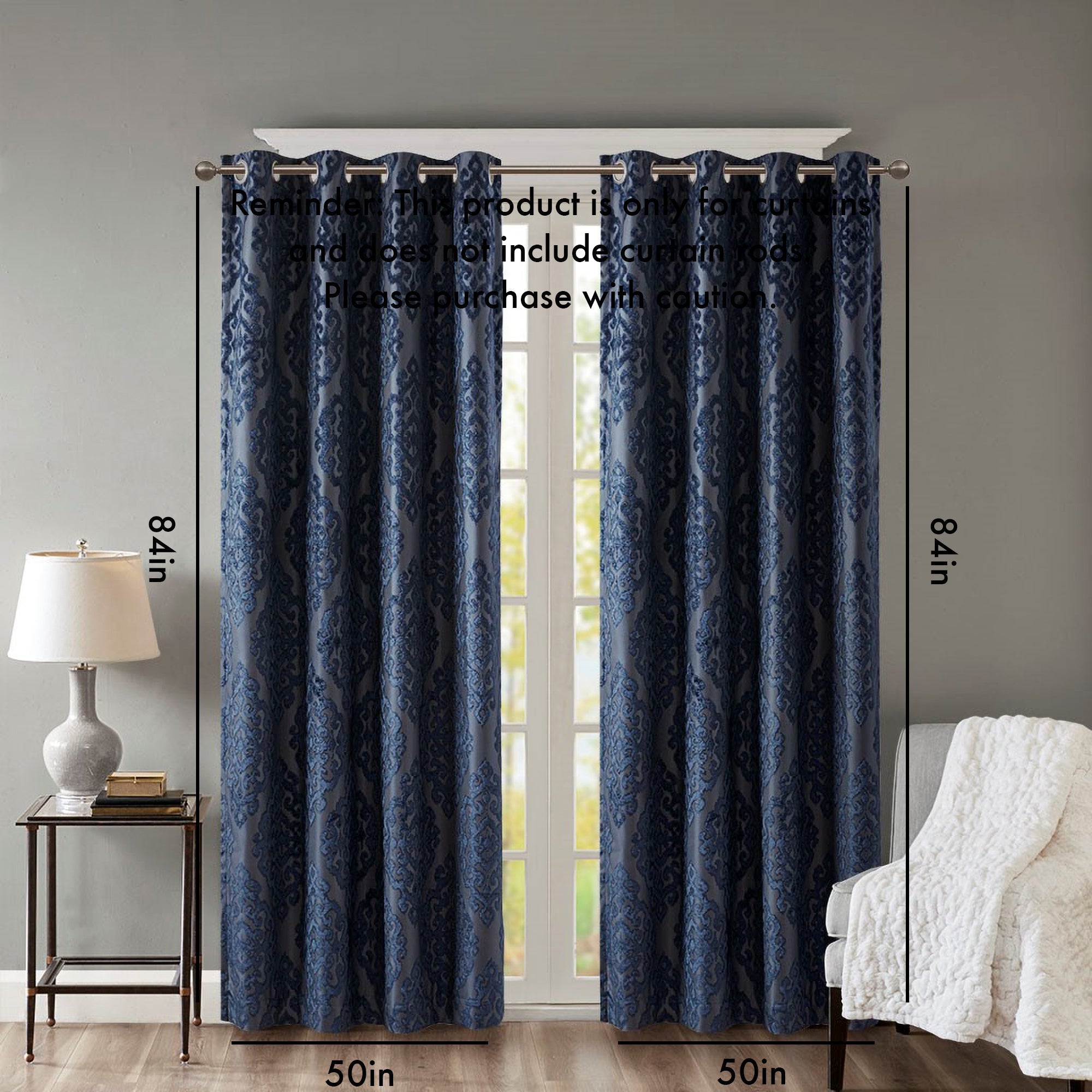 Knitted jacquard damask total blackout grommet top curtain panel (only 1 pc panel)