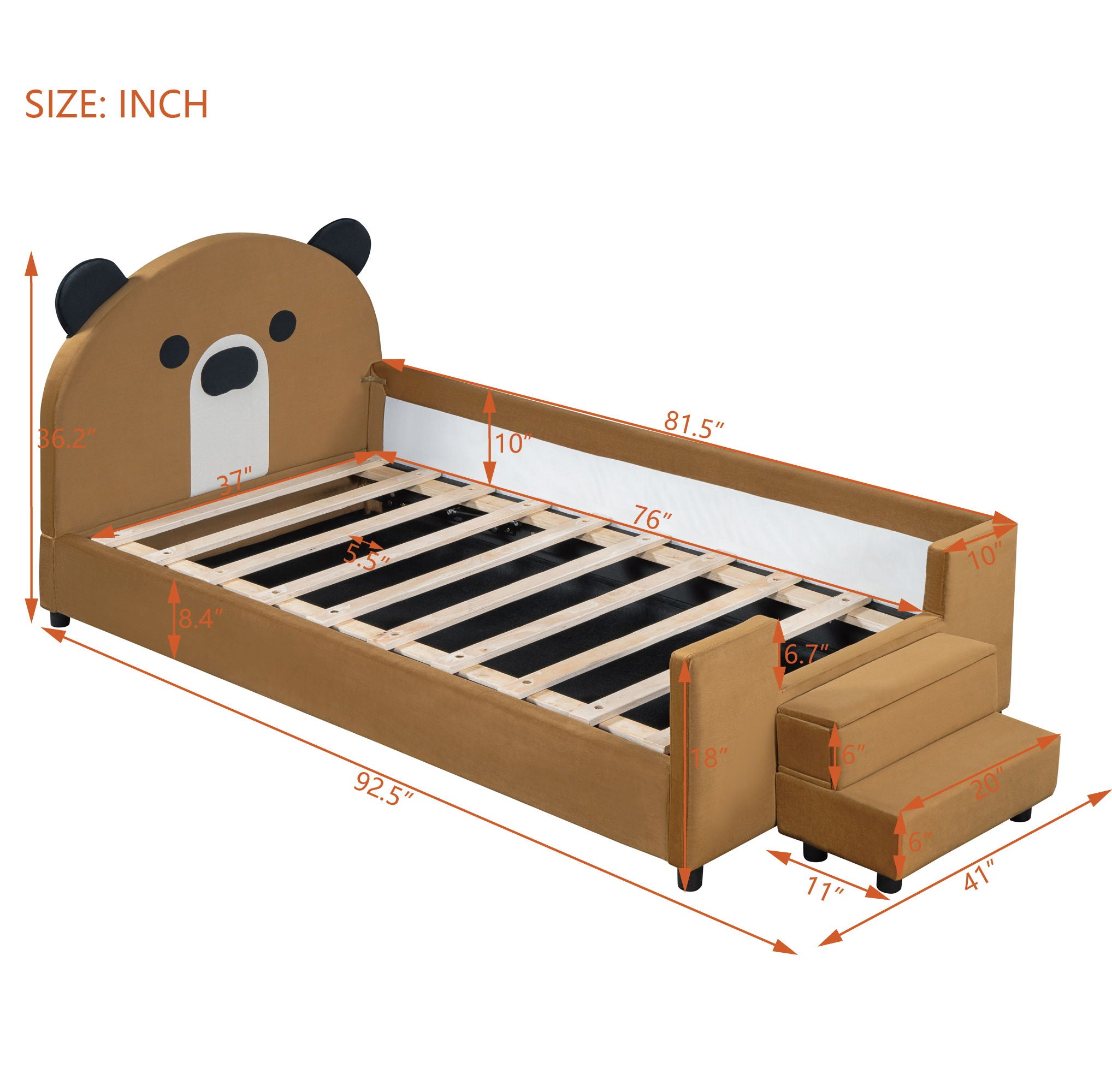 Upholstered Daybed With Bear Shaped Headboard, Hydraulic System And Breathable Mesh Fence