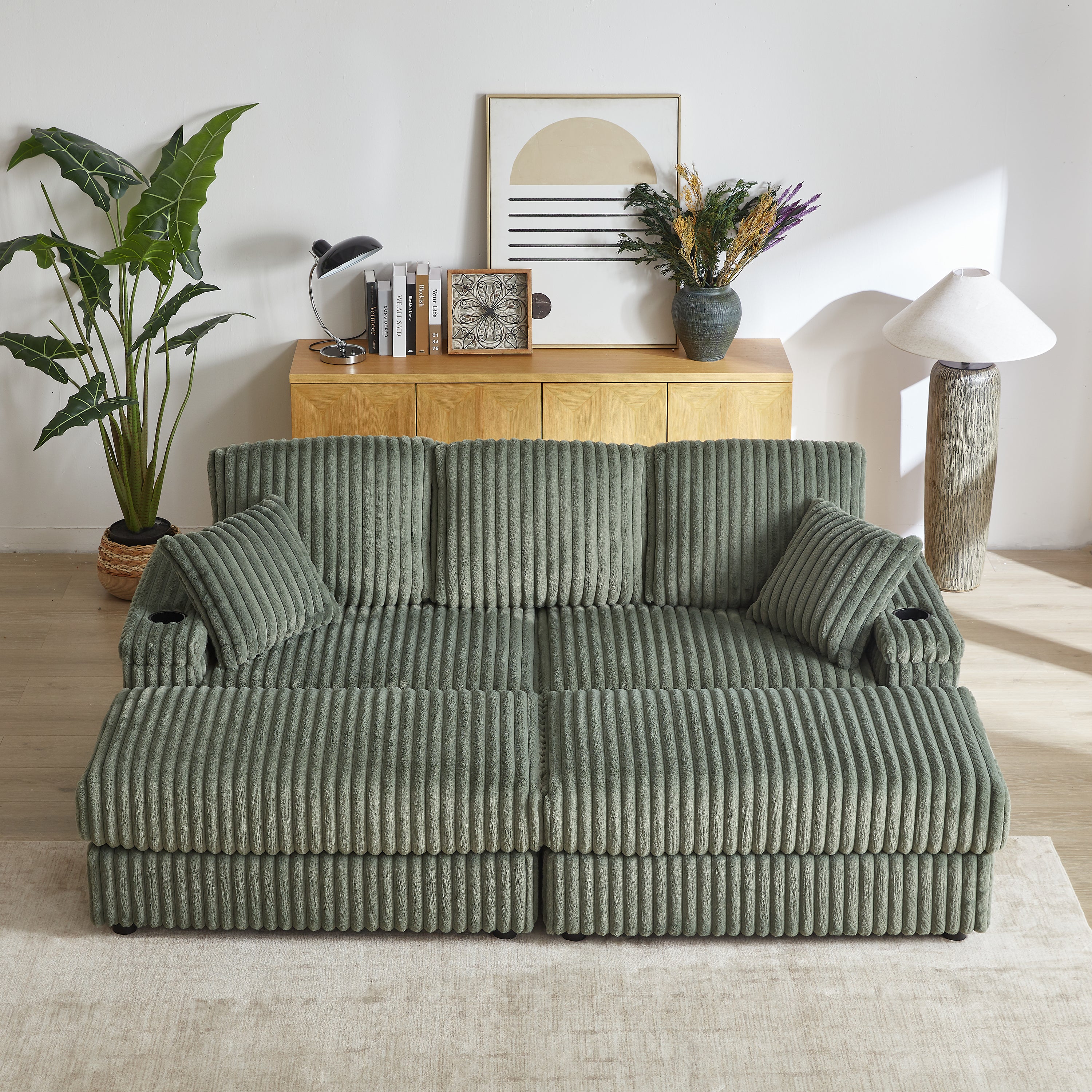 Xena Modern Corduroy Sofa With Cupholders with Storage And Ottomans
