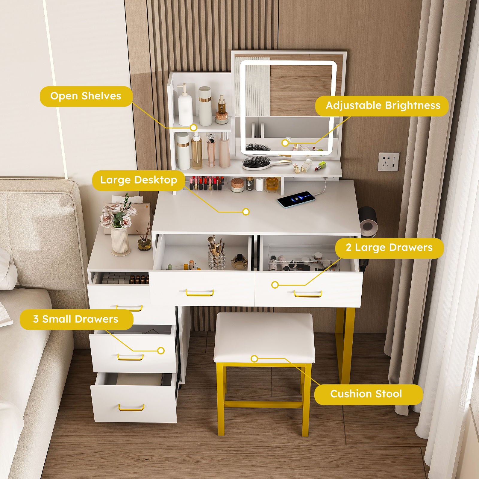 Elegant Makeup Vanity With Led Lights & Power Outlet - White - Best Buy Furniture