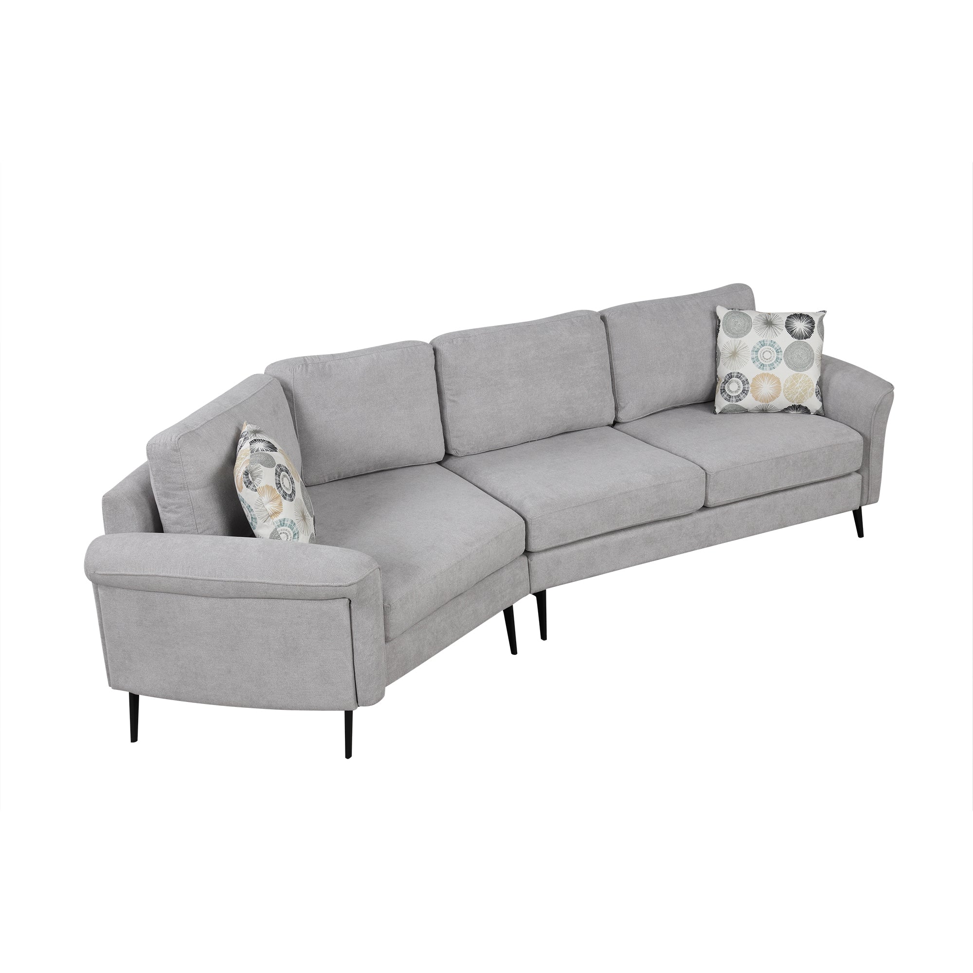 111" Upholstered 3-Seater Sofa with Curved Design and Two Printed Pillows