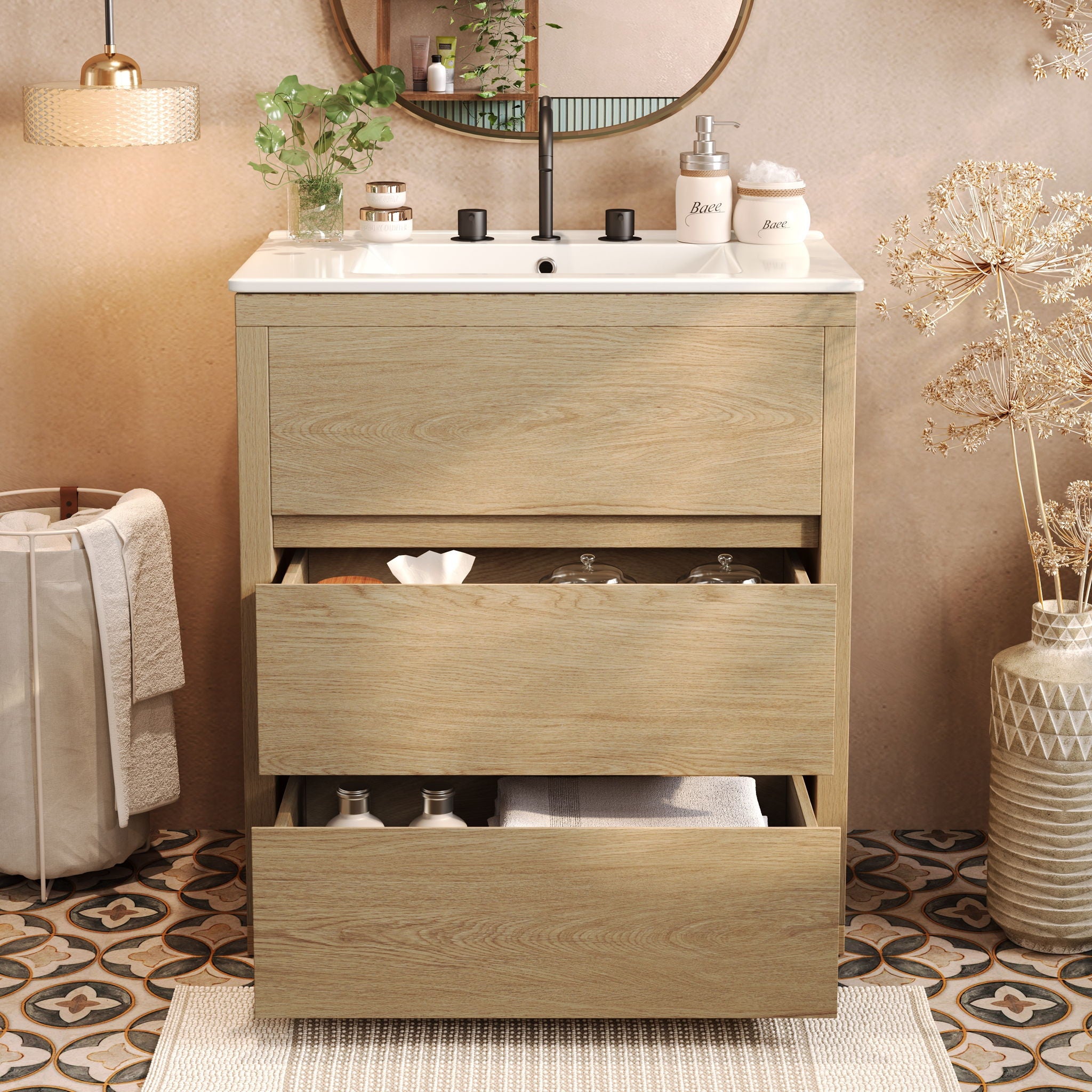Freestanding Bathroom Vanity With Ceramic Sink, 2 Full Extension Drawers