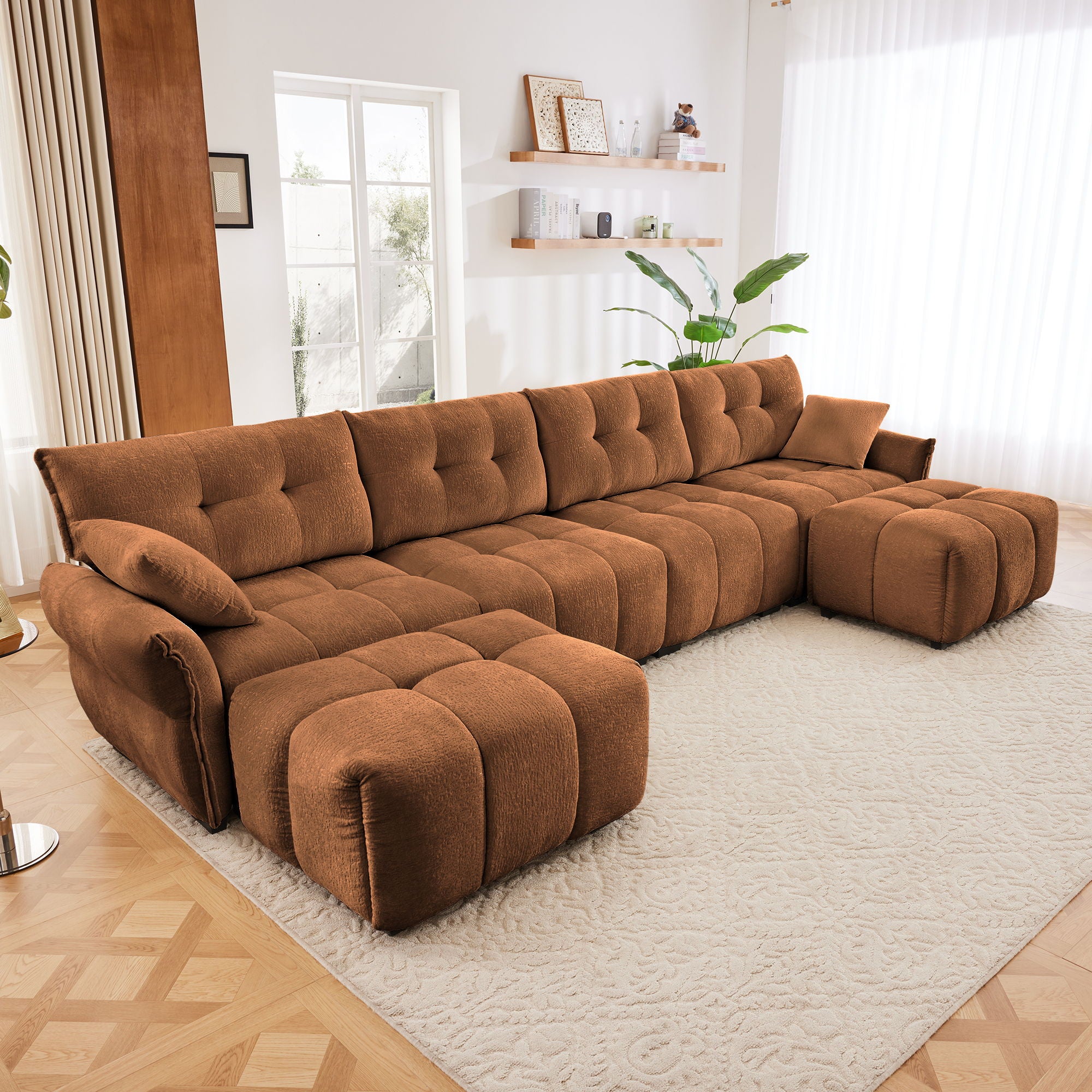 Exquisite Living 4 Seater Sofa Set With 2 Ottomans Frame, Premium Fabric - Burnt Orange