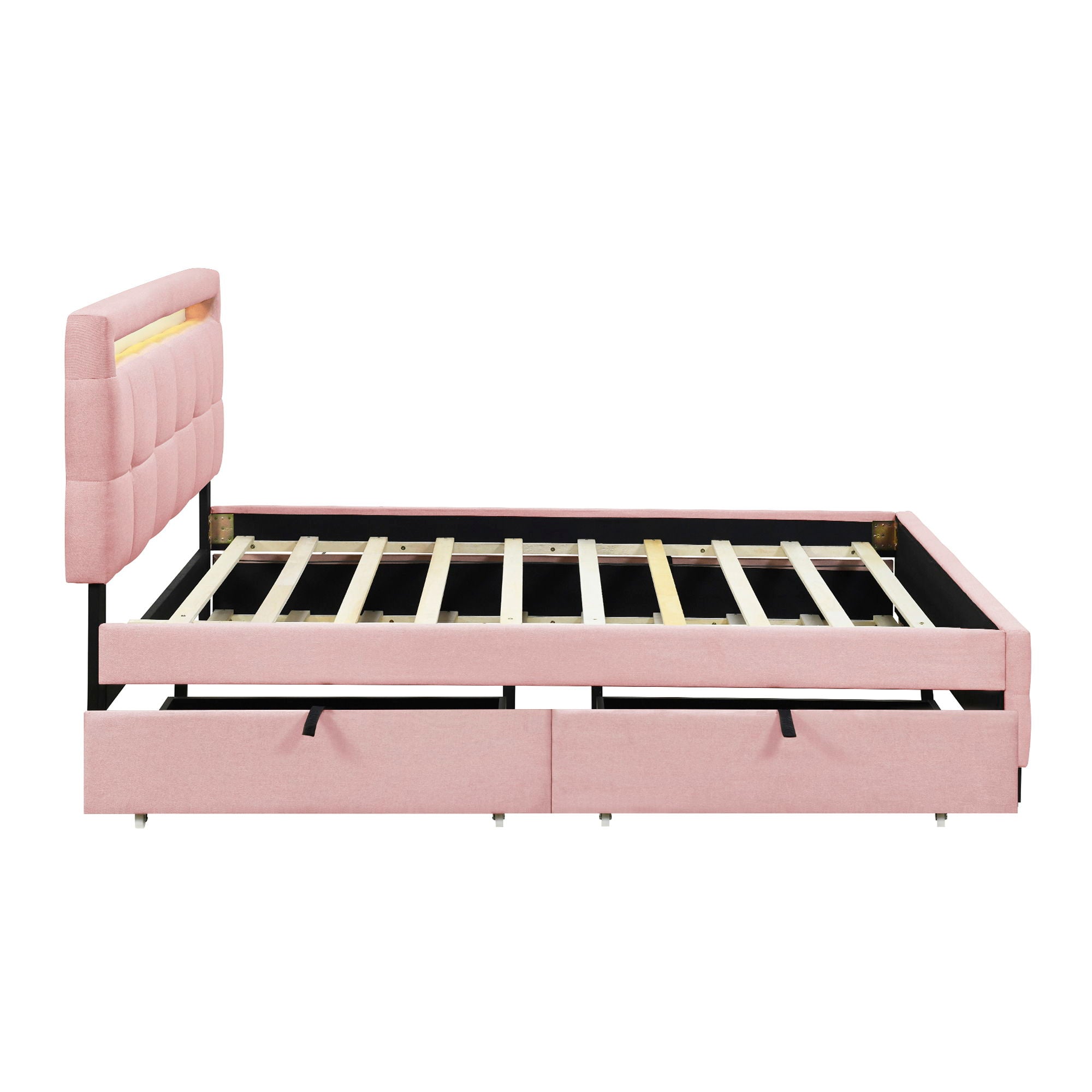 Upholstered Platform Bed With LED Frame, With Trundle And 2 Drawers